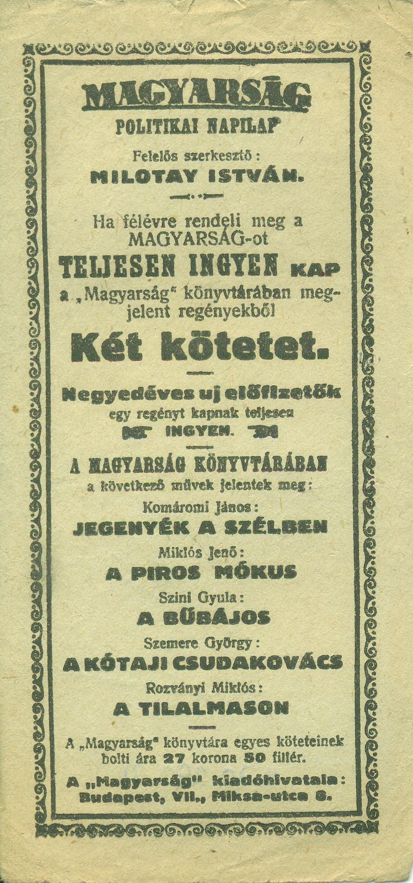 MAGYARSÁG POLITIKAI NAPILAP (Magyar Kereskedelmi és Vendéglátóipari Múzeum CC BY-NC-SA)