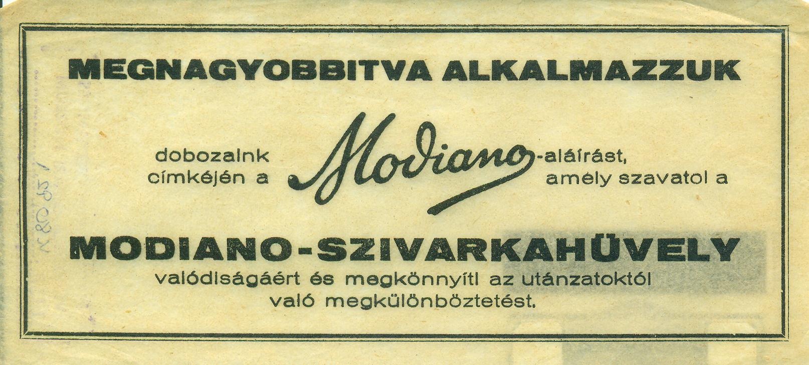 MODIANO - SZIVARKAHÜVELY (Magyar Kereskedelmi és Vendéglátóipari Múzeum CC BY-NC-SA)