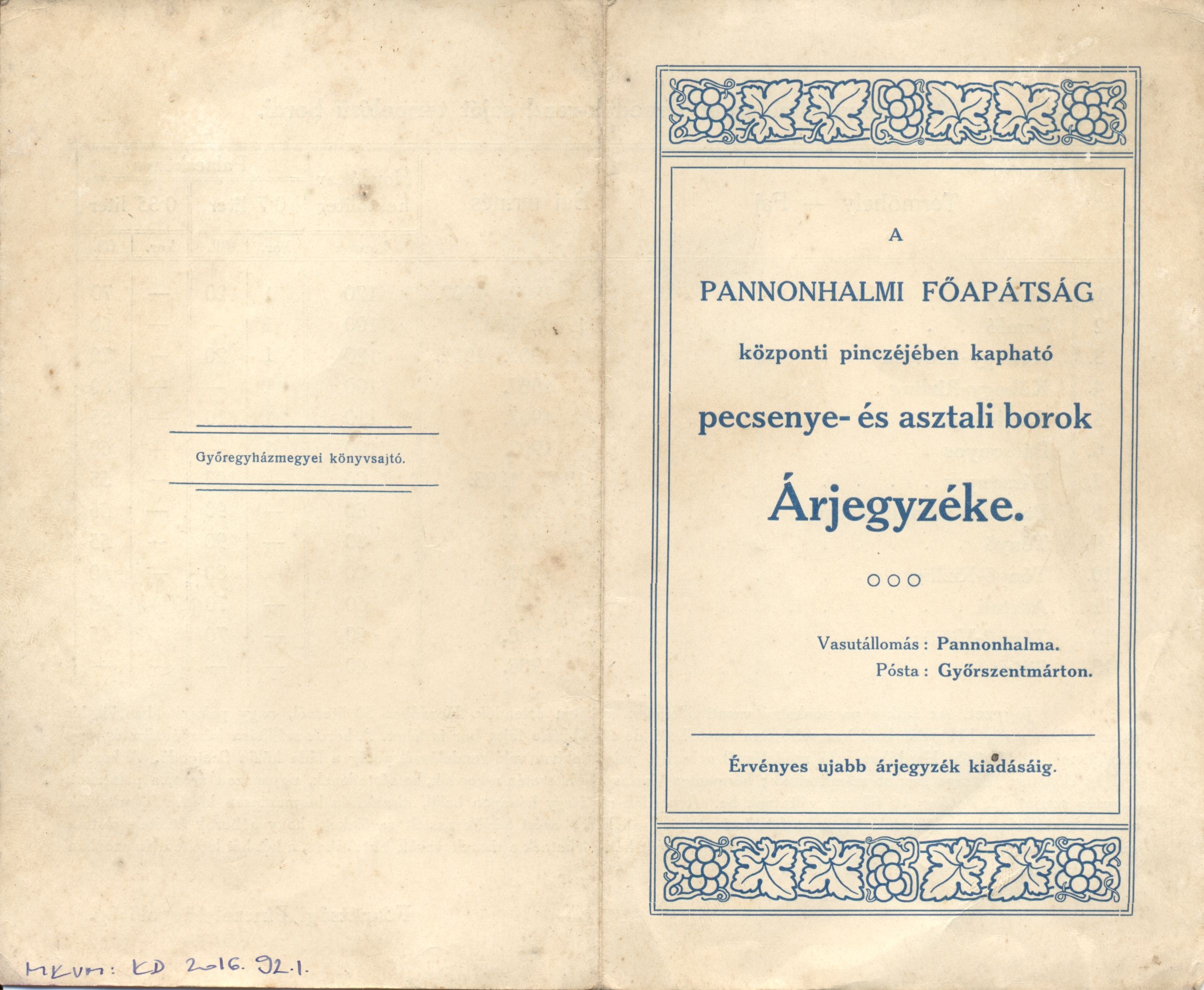 Pannonhalmi borok árjegyzék (Magyar Kereskedelmi és Vendéglátóipari Múzeum CC BY-NC-SA)
