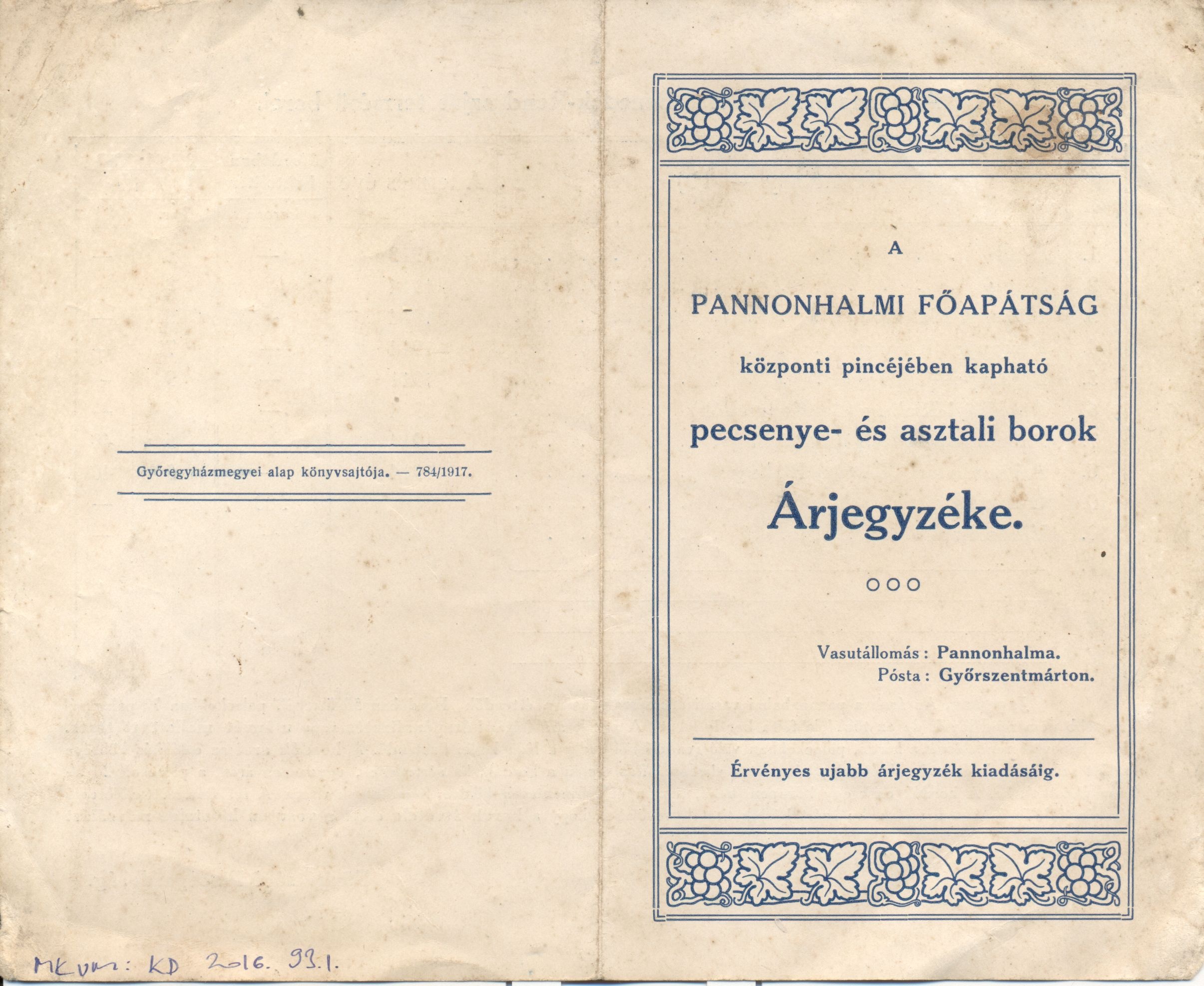 Pannonhalmi borok árjegyzék (Magyar Kereskedelmi és Vendéglátóipari Múzeum CC BY-NC-SA)