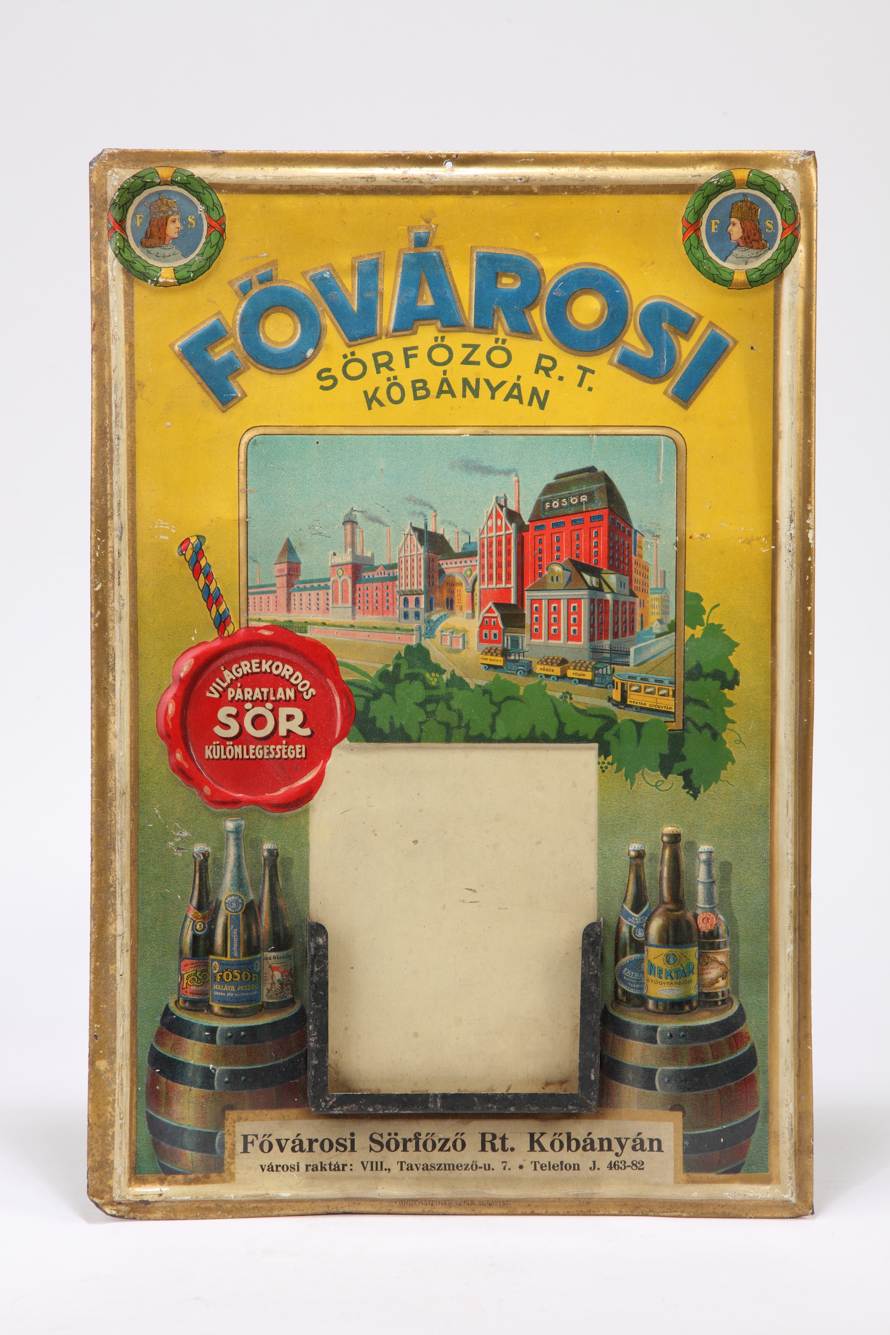 Fővárosi sörfőző r.t. ártáblája (Magyar Kereskedelmi és Vendéglátóipari Múzeum CC BY-NC-SA)