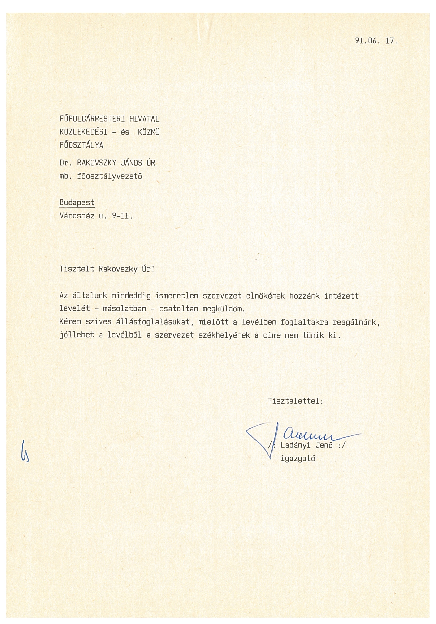 Ladányi Jenő levele a Főpolgármesteri Hivatalnak (Nemzeti Örökség Intézete – Kegyeleti Múzeum CC BY-NC-SA)