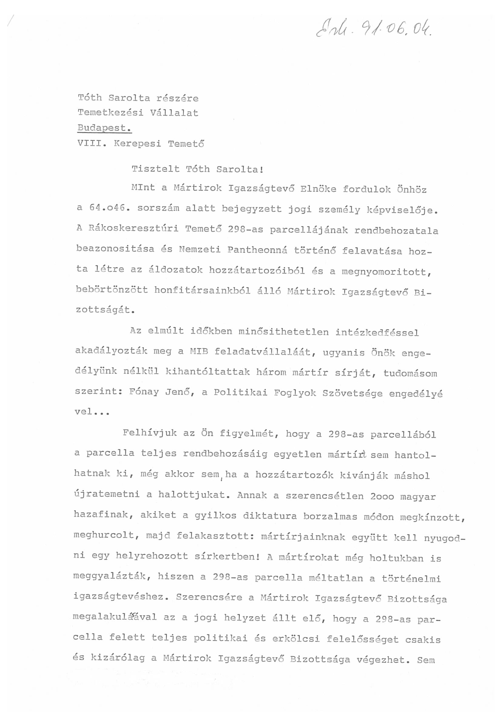 Mártírok Igazságtevő Bizottsága levele, 1991. június 3. (Nemzeti Örökség Intézete – Kegyeleti Múzeum CC BY-NC-SA)