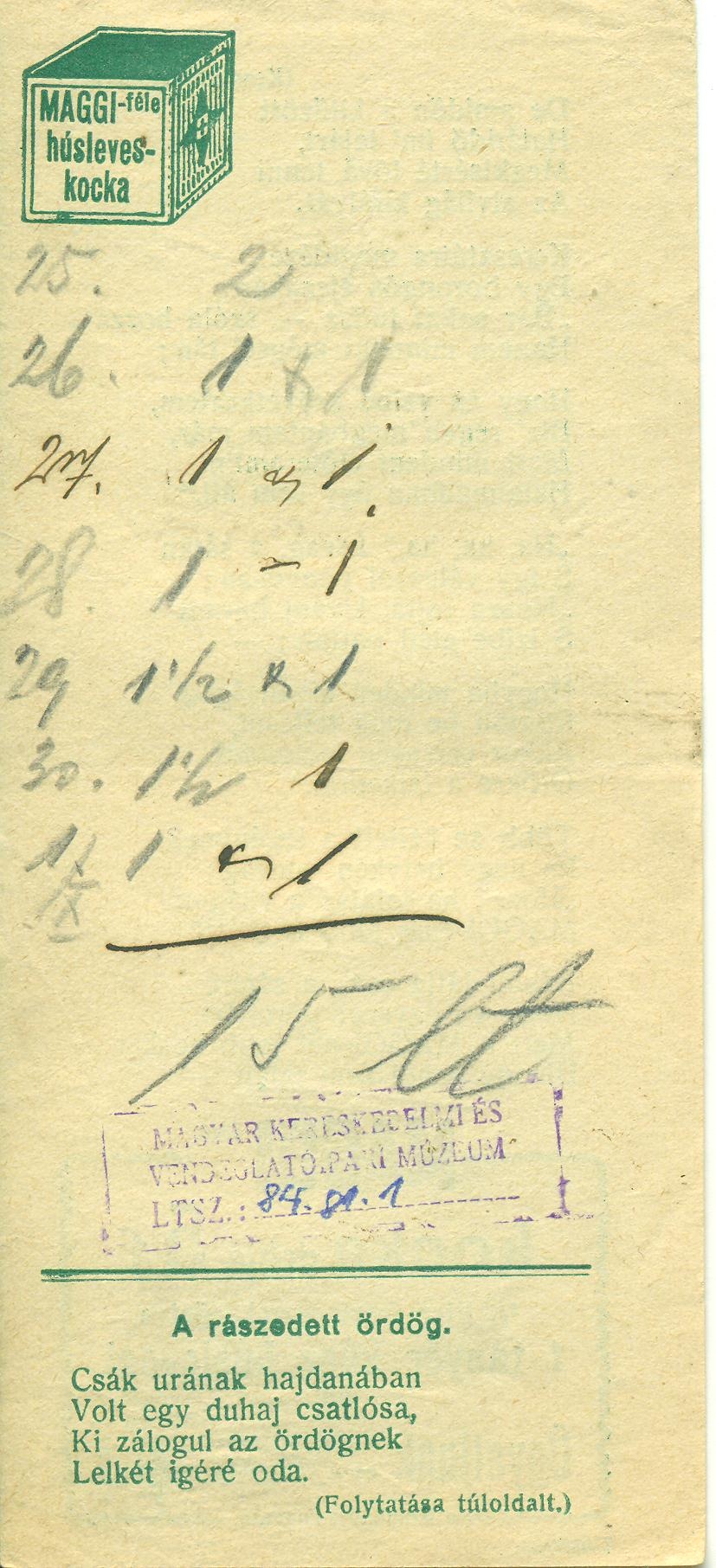 Maggi húsleveskocka számolócédula (Magyar Kereskedelmi és Vendéglátóipari Múzeum CC BY-NC-SA)