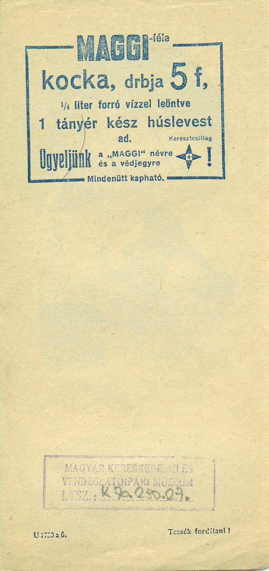 Maggi-féle levesízesítő kocka számolócédula (Magyar Kereskedelmi és Vendéglátóipari Múzeum CC BY-NC-SA)