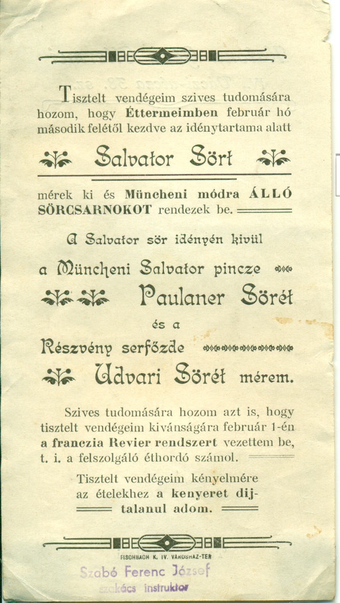 Salvator Sör számolócédula (Magyar Kereskedelmi és Vendéglátóipari Múzeum CC BY-NC-SA)