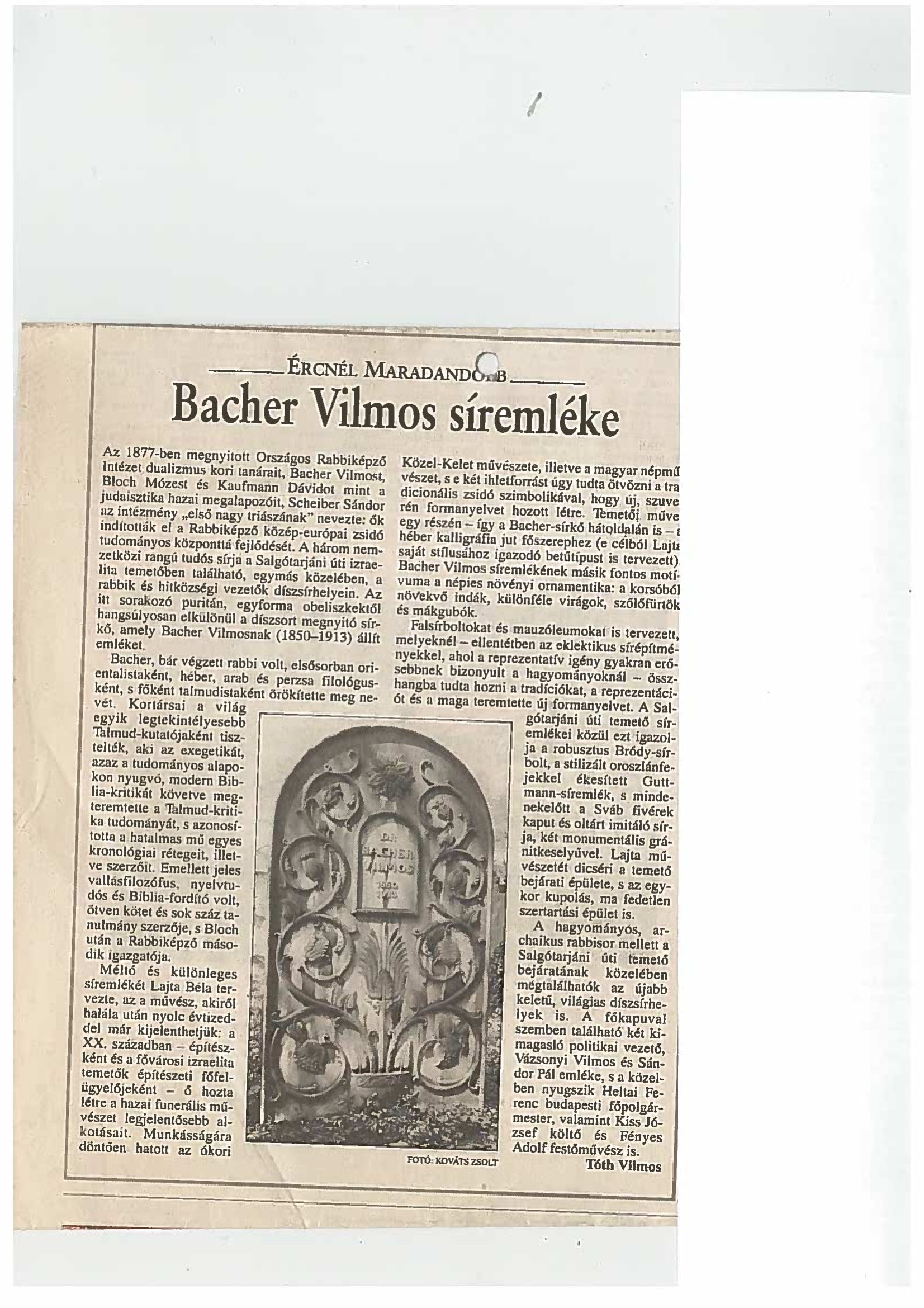 Újságcikk: Bacher Vilmos síremléke (Nemzeti Örökség Intézete – Kegyeleti Múzeum CC BY-NC-SA)
