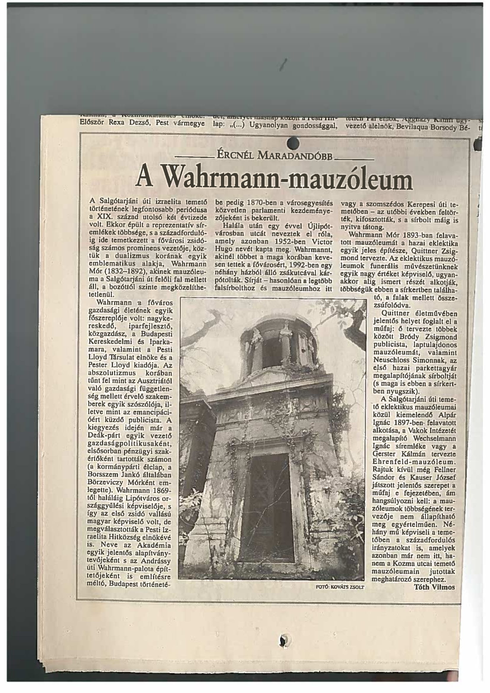 Újságcikk: A Wahrmann-mauzóleum (Nemzeti Örökség Intézete – Kegyeleti Múzeum CC BY-NC-SA)