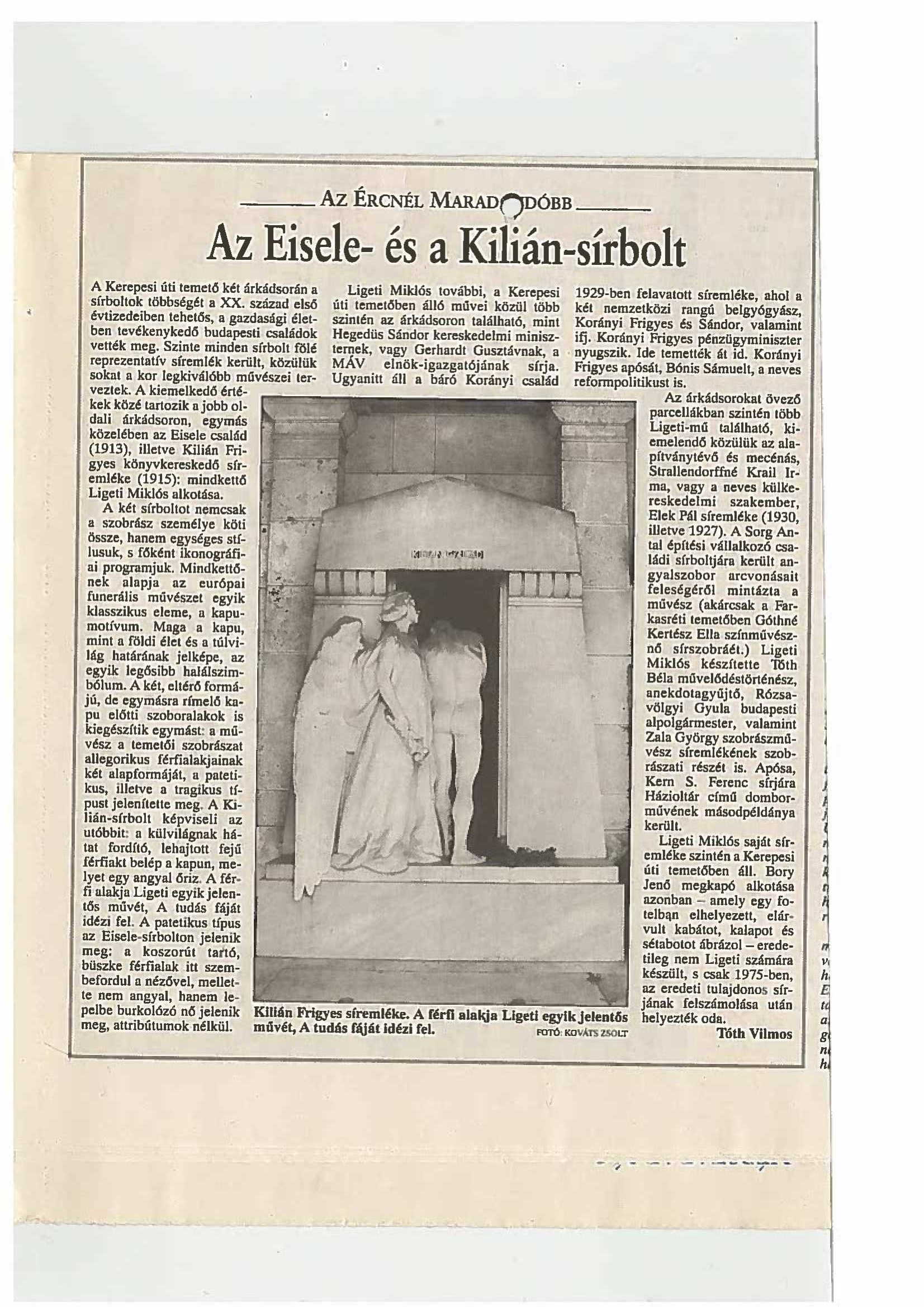 Újságcikk: Az Eisele- és a Kilián-sírbolt (Nemzeti Örökség Intézete – Kegyeleti Múzeum CC BY-NC-SA)
