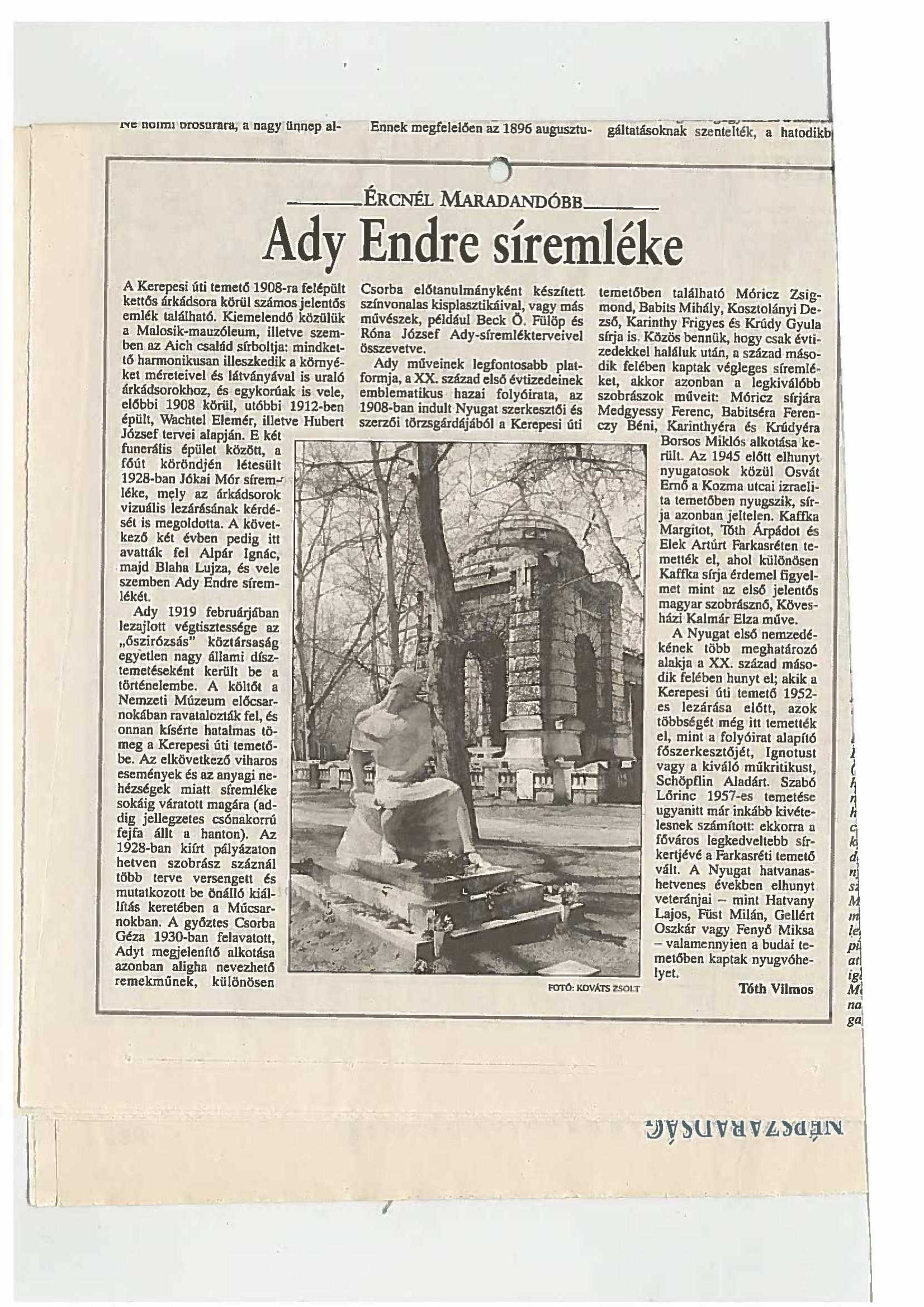 Újságcikk: Ady Endre síremléke (Nemzeti Örökség Intézete – Kegyeleti Múzeum CC BY-NC-SA)