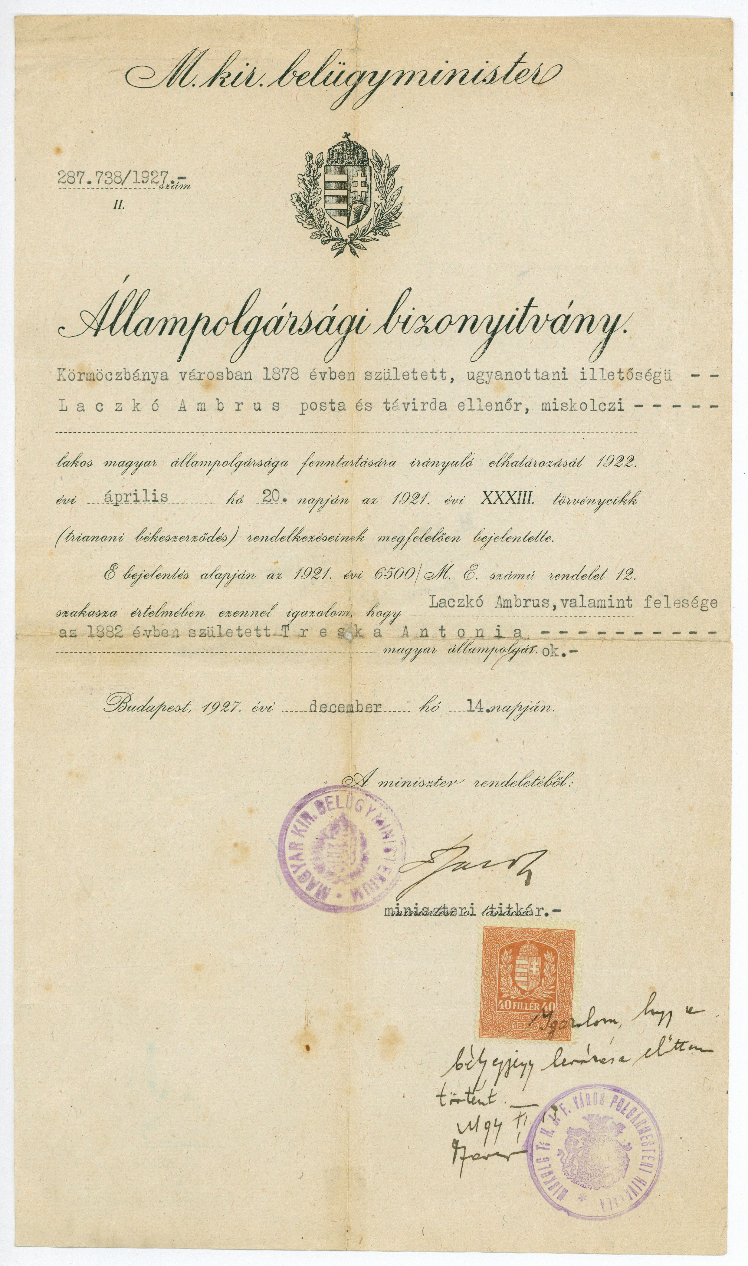 Állampolgársági bizonyítvány (Postamúzeum CC BY-NC-SA)