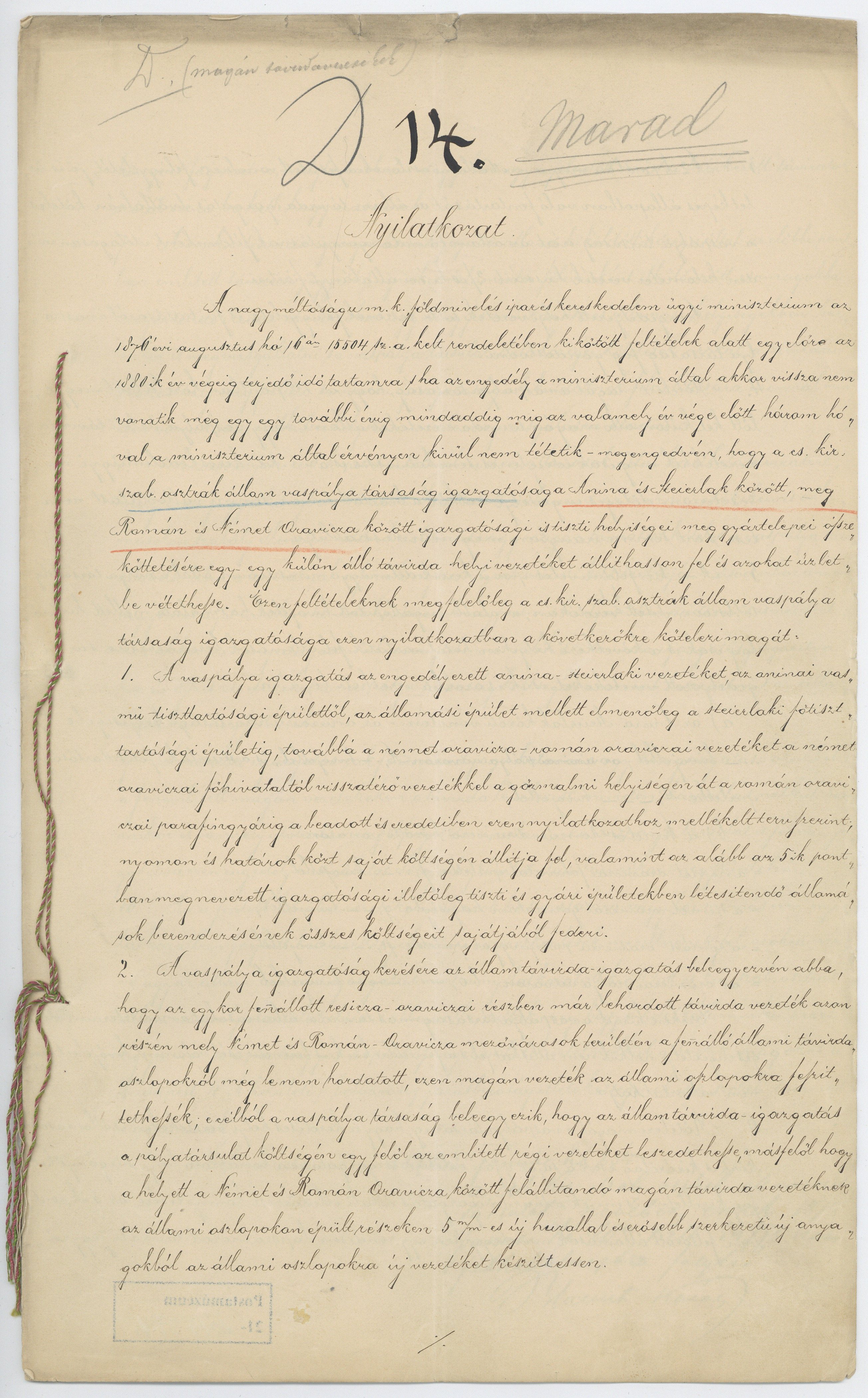 Nyilatkozat magán távírda vonal kiépítéséről (Postamúzeum CC BY-NC-SA)