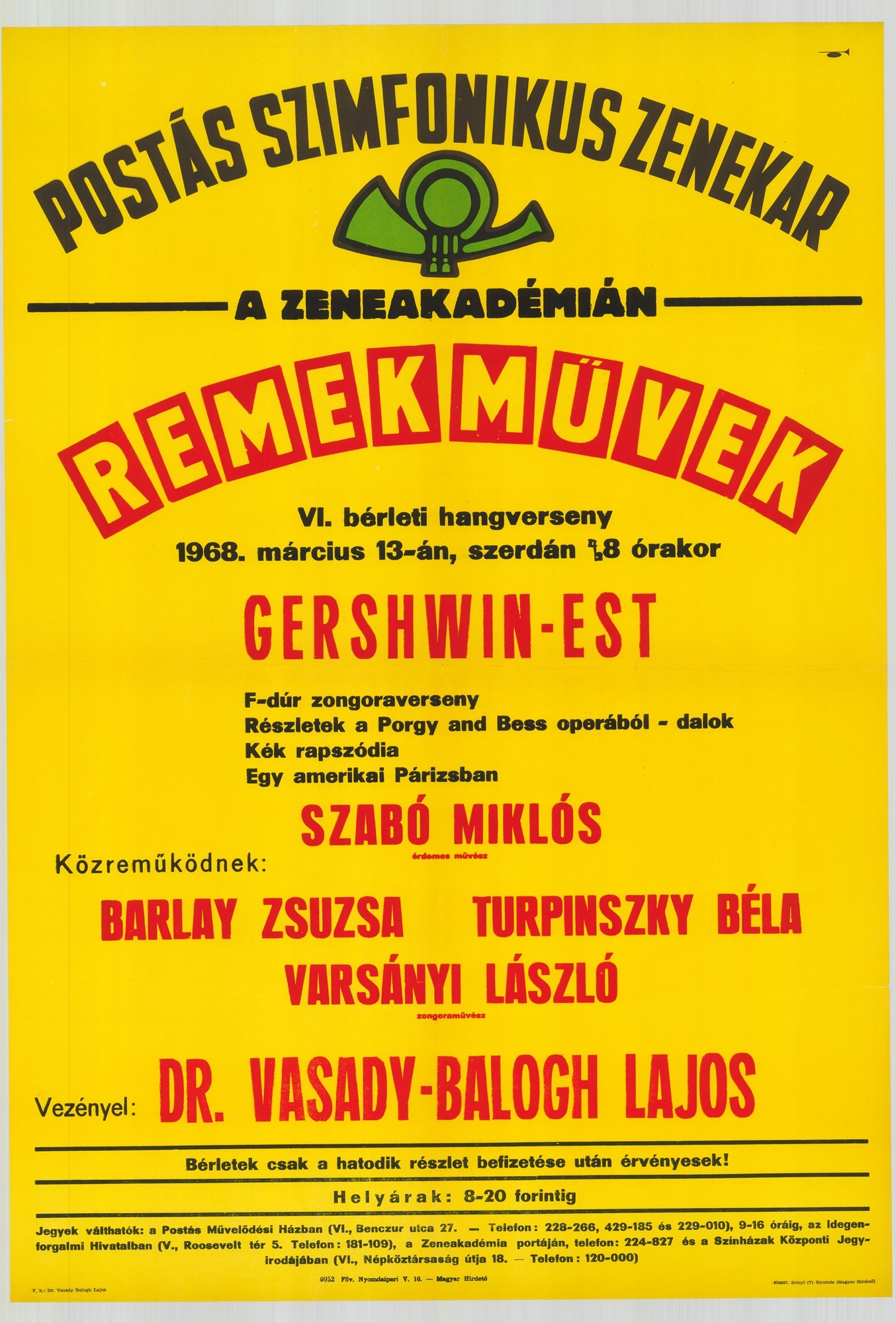 Plakát - Postás Szimfonikus Zenekar a Zeneakadémián, Remekművek, 1968 (Postamúzeum CC BY-NC-SA)