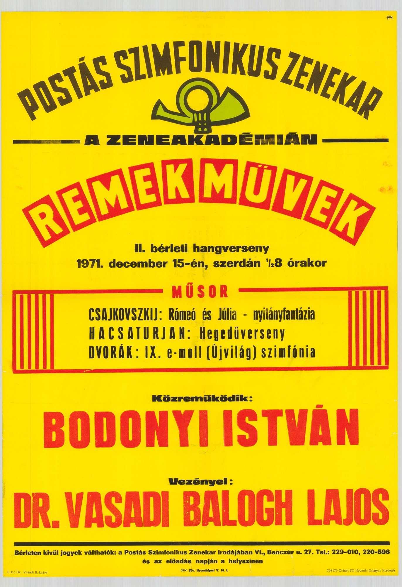Plakát - Postás Szimfonikus Zenekar a Zeneakadémián, Remekművek, 1971 (Postamúzeum CC BY-NC-SA)