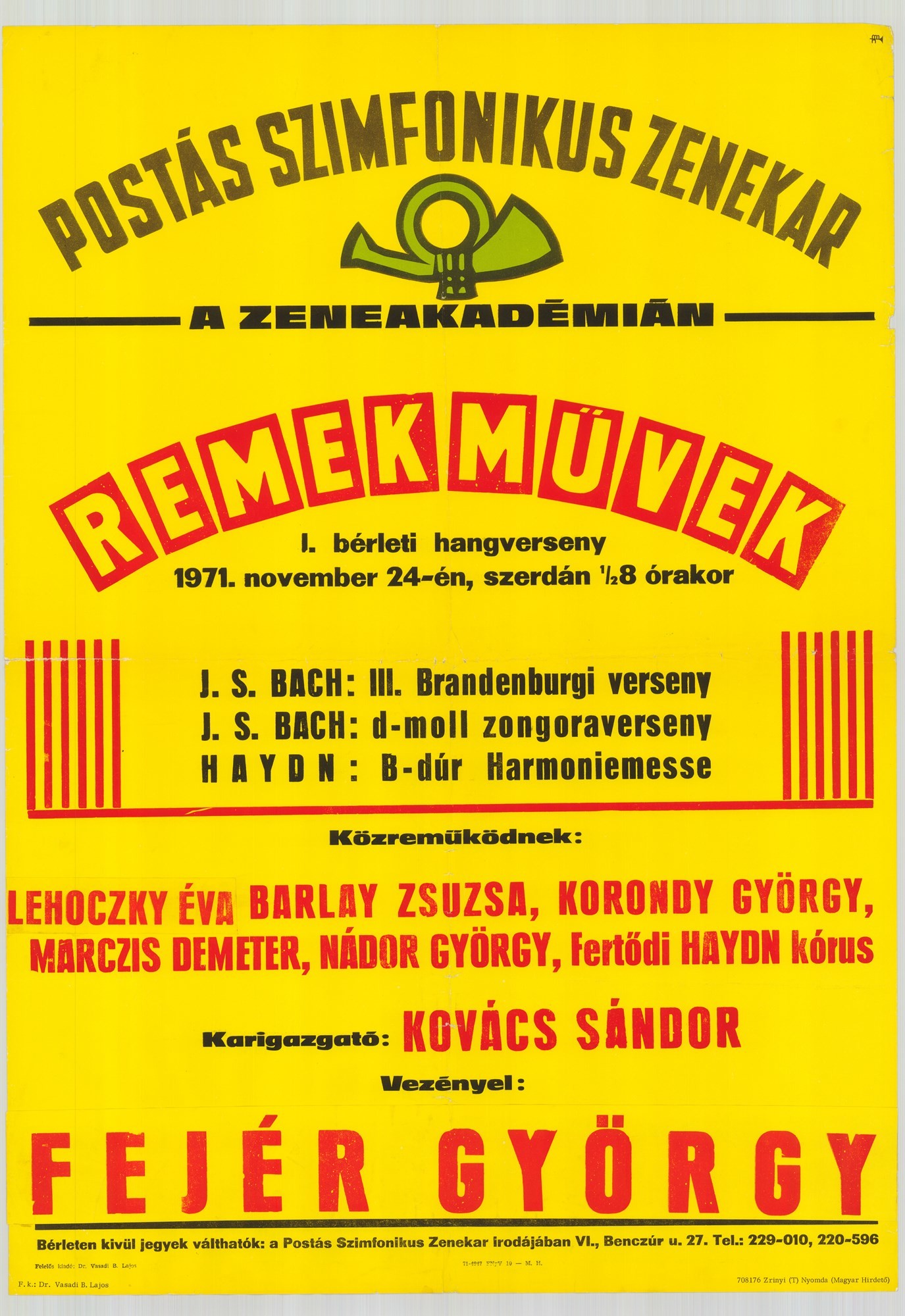 Plakát - Postás Szimfonikus Zenekar a Zeneakadémián, Remekművek, 1971 (Postamúzeum CC BY-NC-SA)
