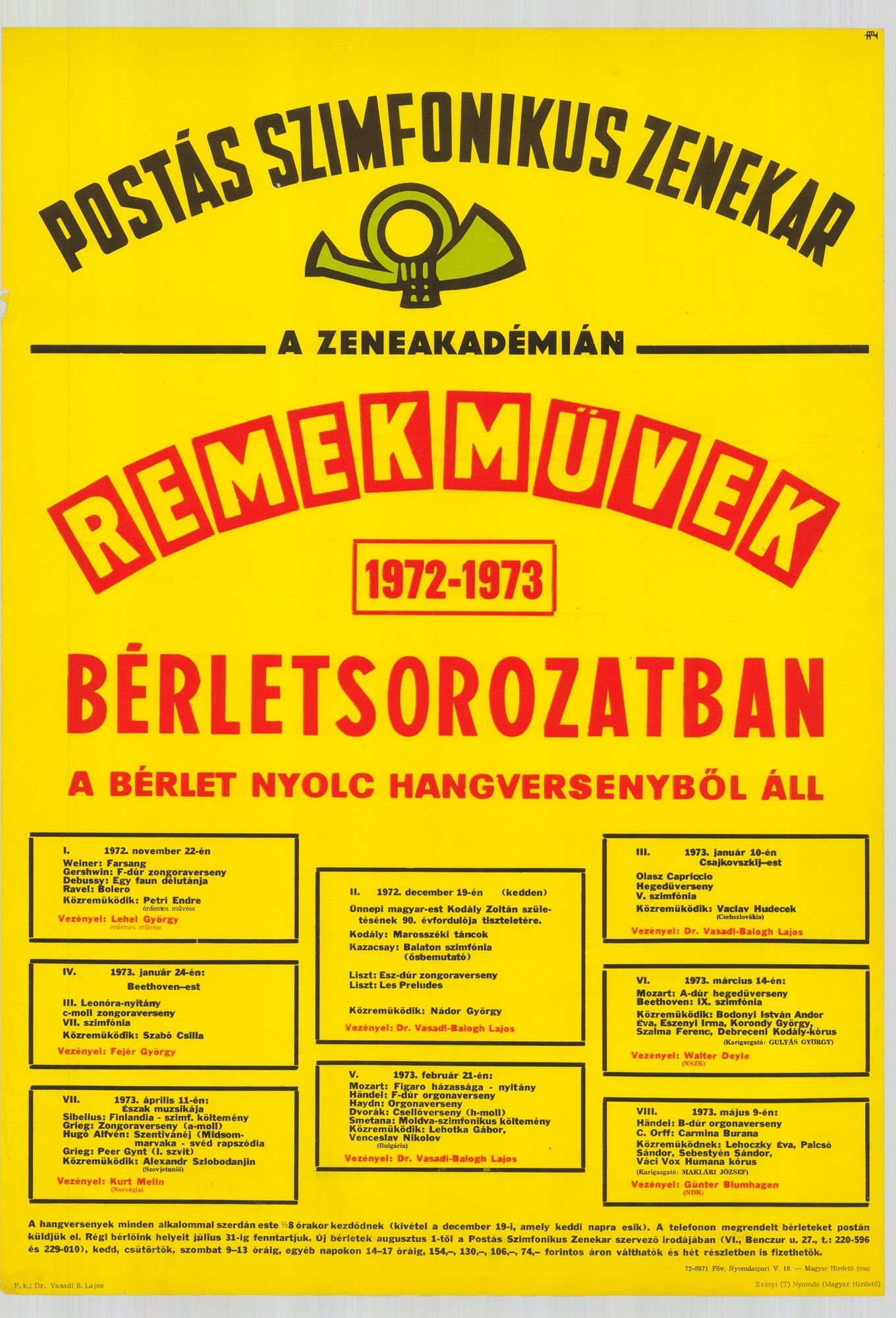 Plakát - Postás Szimfonikus Zenekar a Zeneakadémián, Remekművek, 1972-73 (Postamúzeum CC BY-NC-SA)