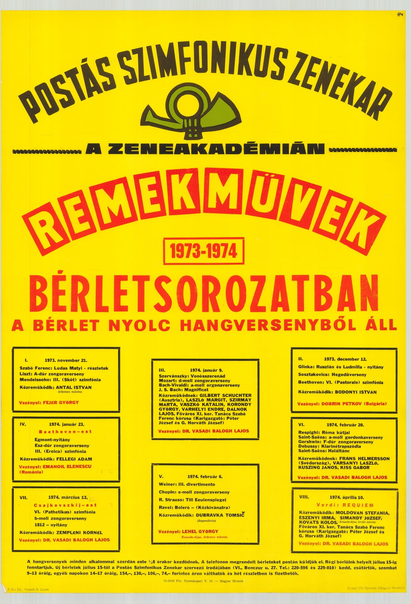 Plakát - Postás Szimfonikus Zenekar a Zeneakadémián, Remekművek, 1973-1974 (Postamúzeum CC BY-NC-SA)