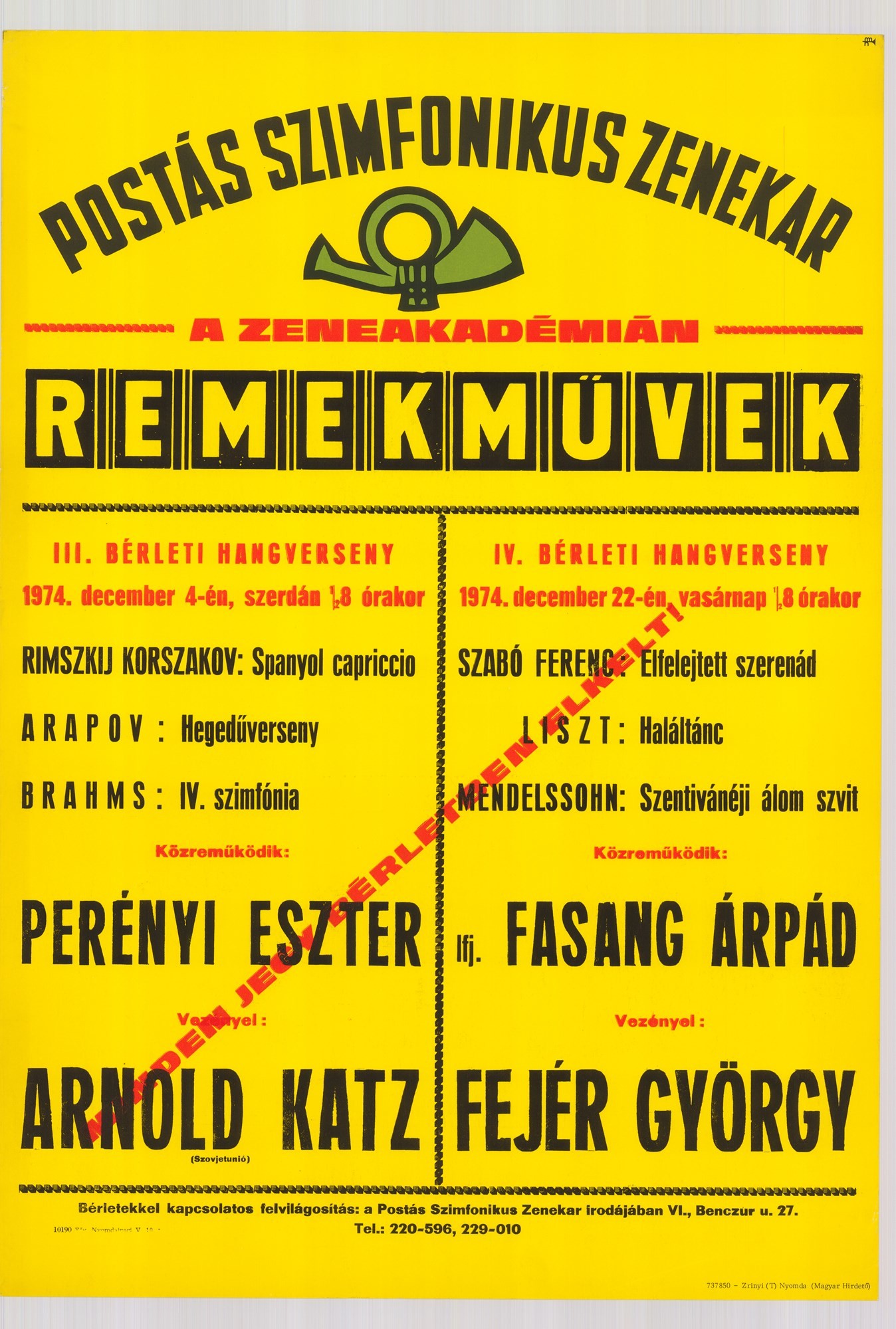 Plakát - Postás Szimfonikus Zenekar a Zeneakadémián, Remekművek, 1974 (Postamúzeum CC BY-NC-SA)