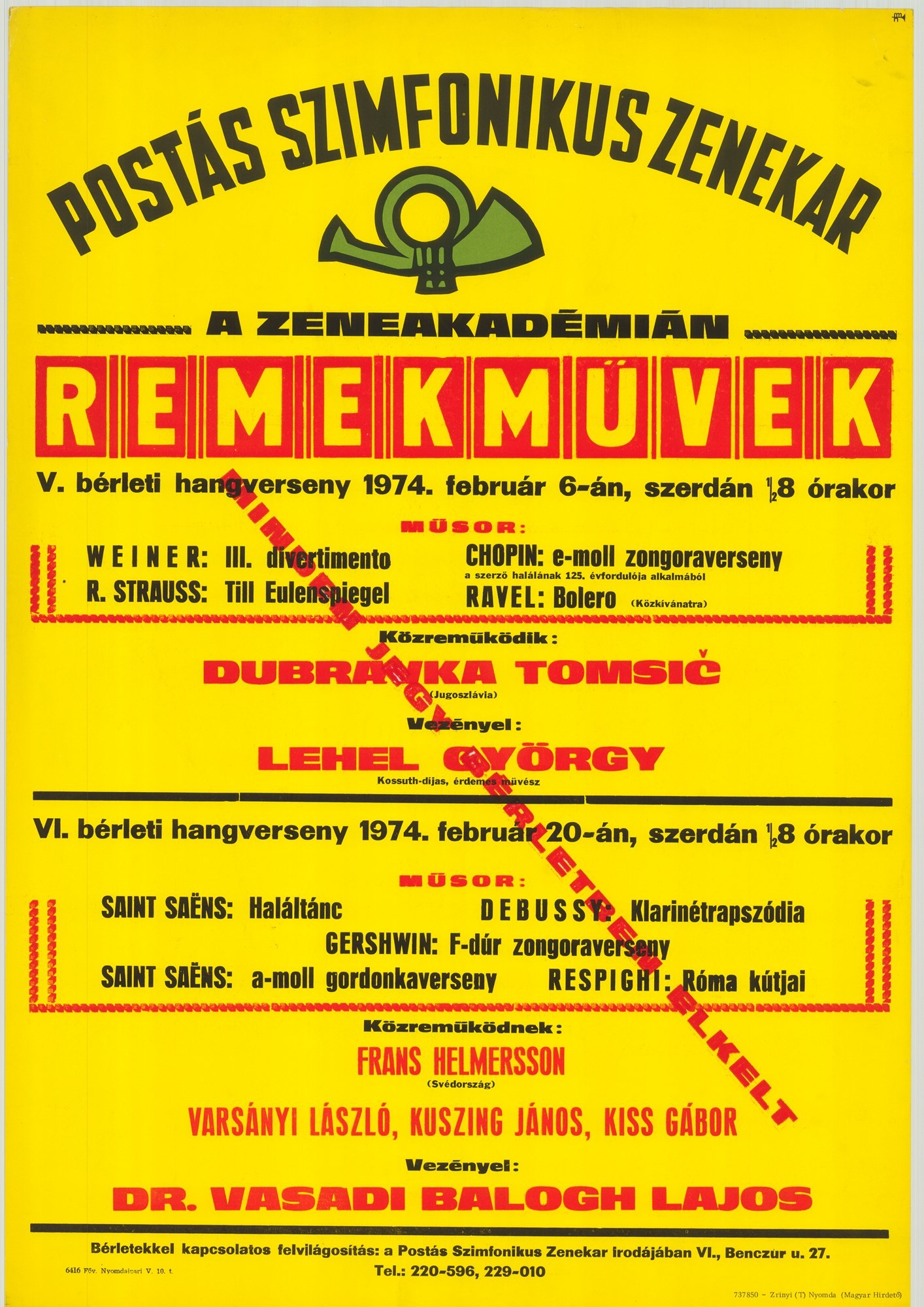 Plakát - Postás Szimfonikus Zenekar a Zeneakadémián, Remekművek, 1974 (Postamúzeum CC BY-NC-SA)