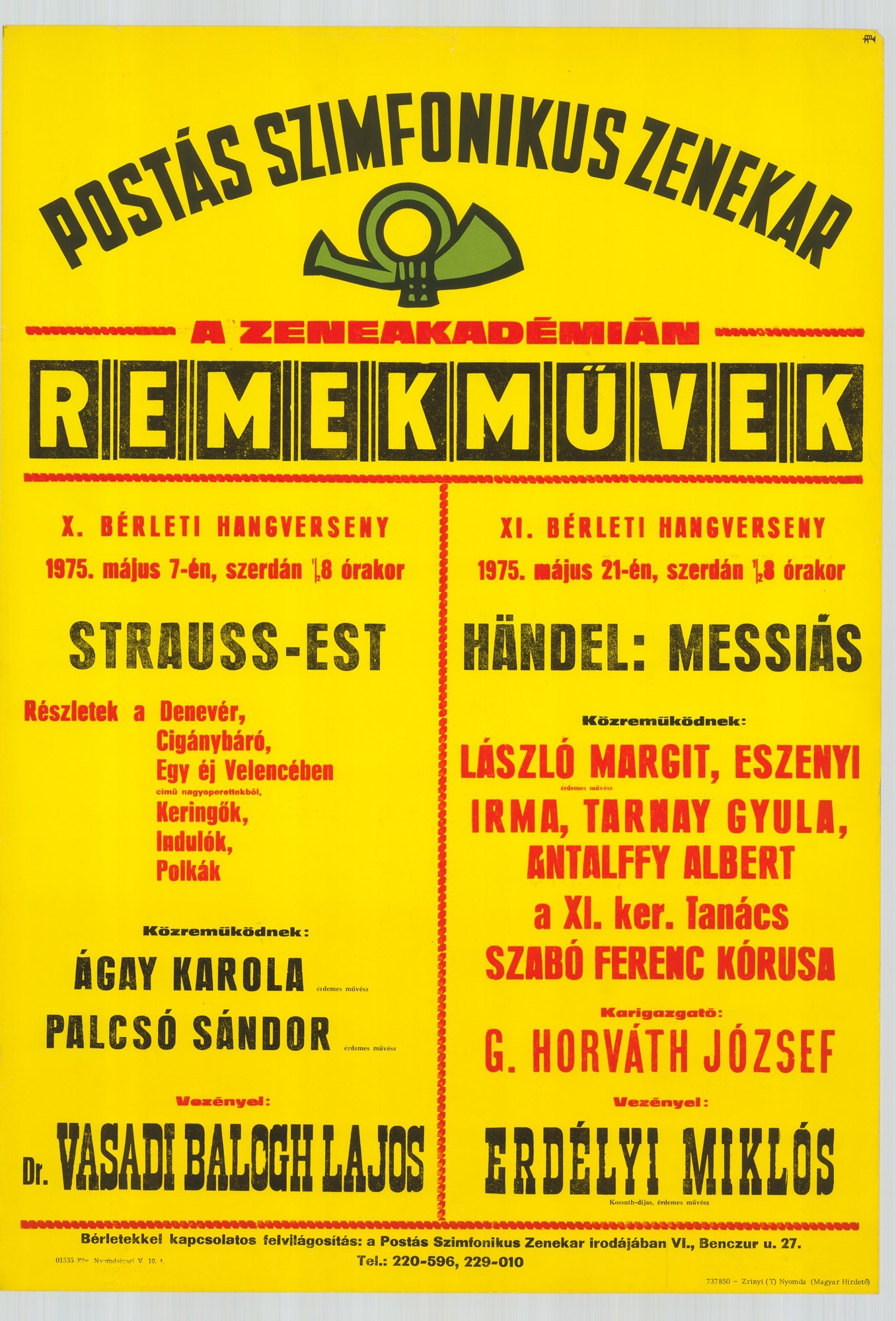 Plakát - Postás Szimfonikus Zenekar a Zeneakadémián, Remekművek, 1975 (Postamúzeum CC BY-NC-SA)