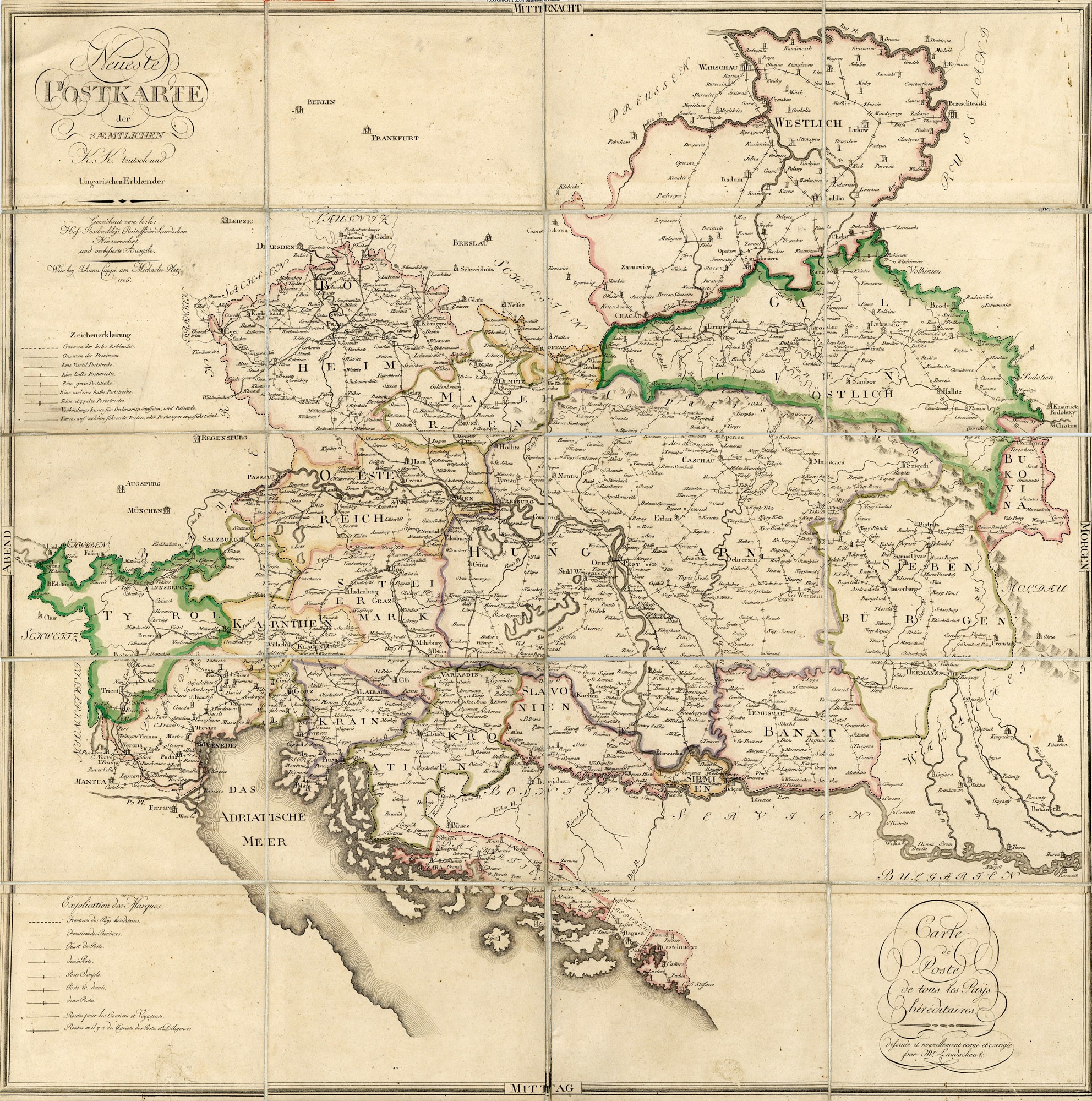 Az Örökös Tartományok új postai térképe – Neueste Post Karte der saemtlichen K.K. teutsch und Ungarischen Erblaender, 1806 (Postamúzeum CC BY-NC-SA)