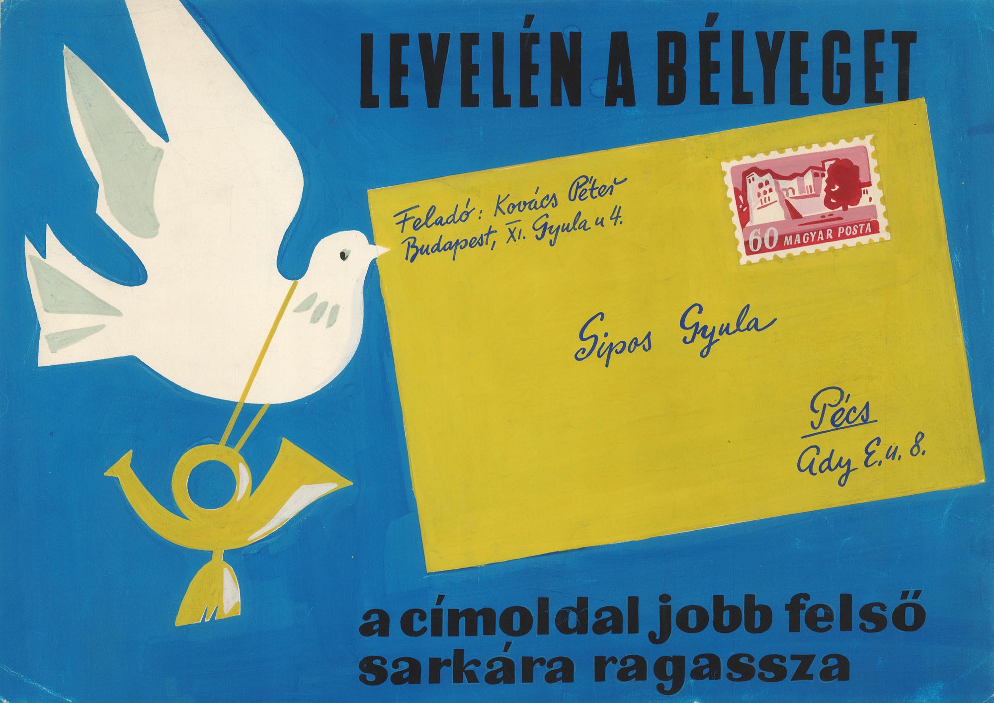 Postai levelezést segítő plakát vagy egyéb kiadvány terve. (Postamúzeum CC BY-NC-SA)