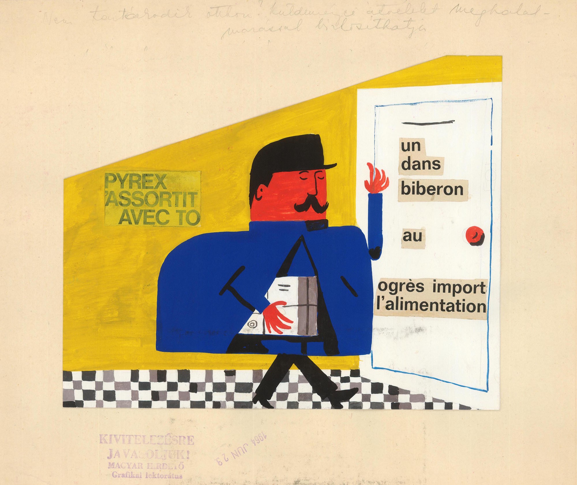 Postai szolgáltatásokat népszerűsítő kiadvány terve, felirata: Pyrex 'assortit avec to, un dans biberon au ogrés import l'alimentation (Postamúzeum CC BY-NC-SA)