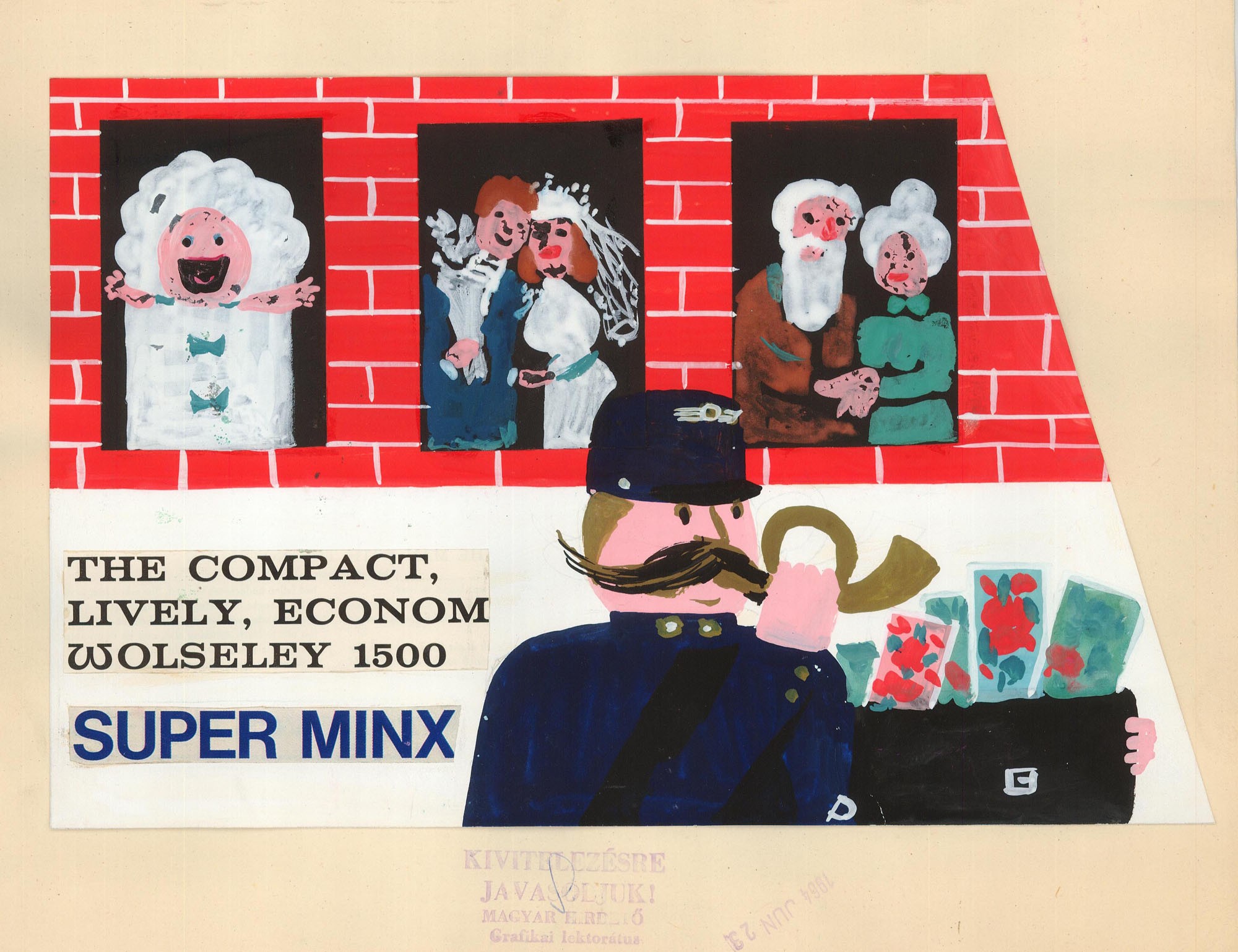 Postai szolgáltatásokat népszerűsítő kiadvány terve, felirata: The compact, lively, econom wolseley 1500 super minx (Postamúzeum CC BY-NC-SA)