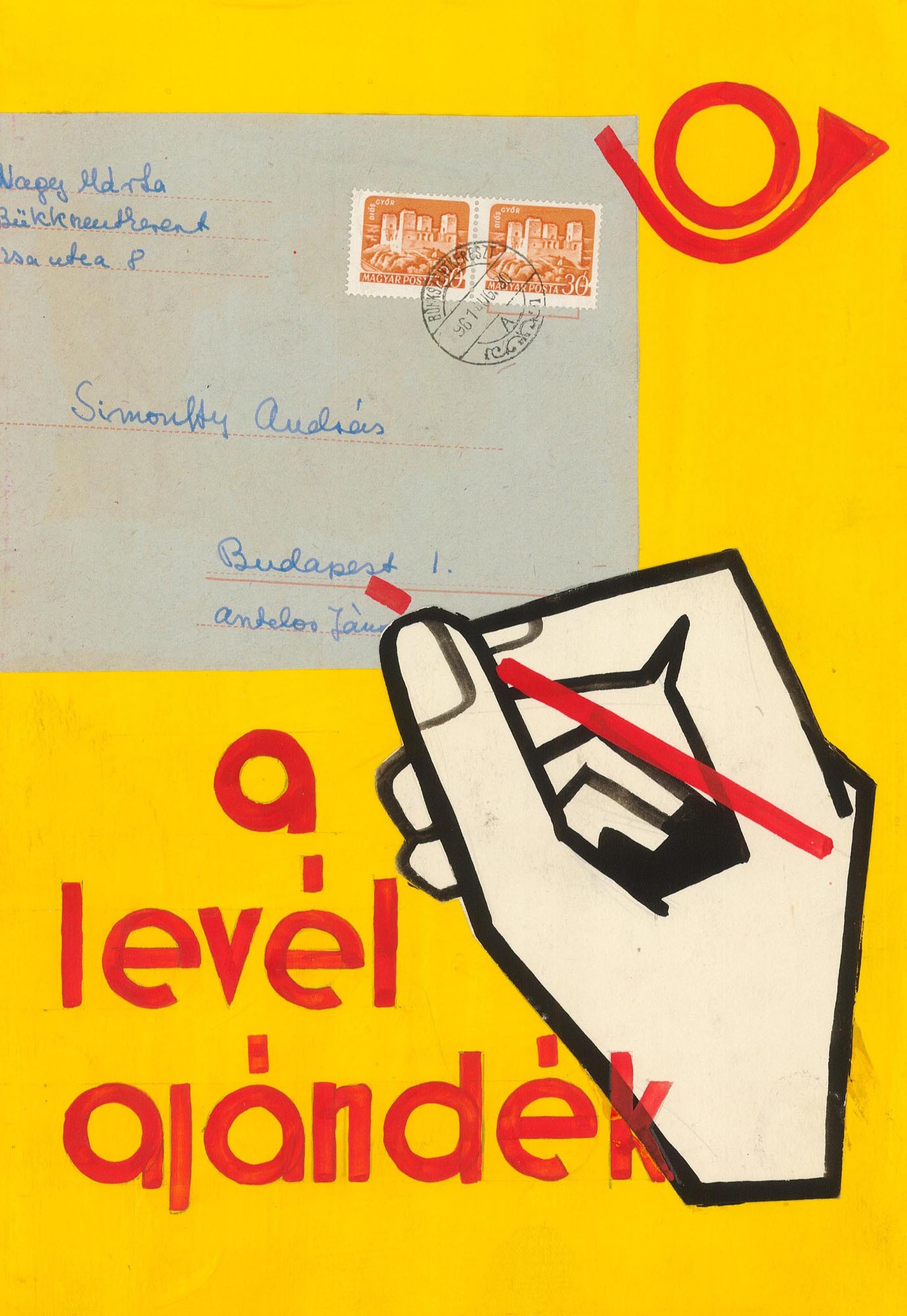 Postai szolgáltatást népszerűsítő kiadvány terve, felirata: a levél ajándék (Postamúzeum CC BY-NC-SA)