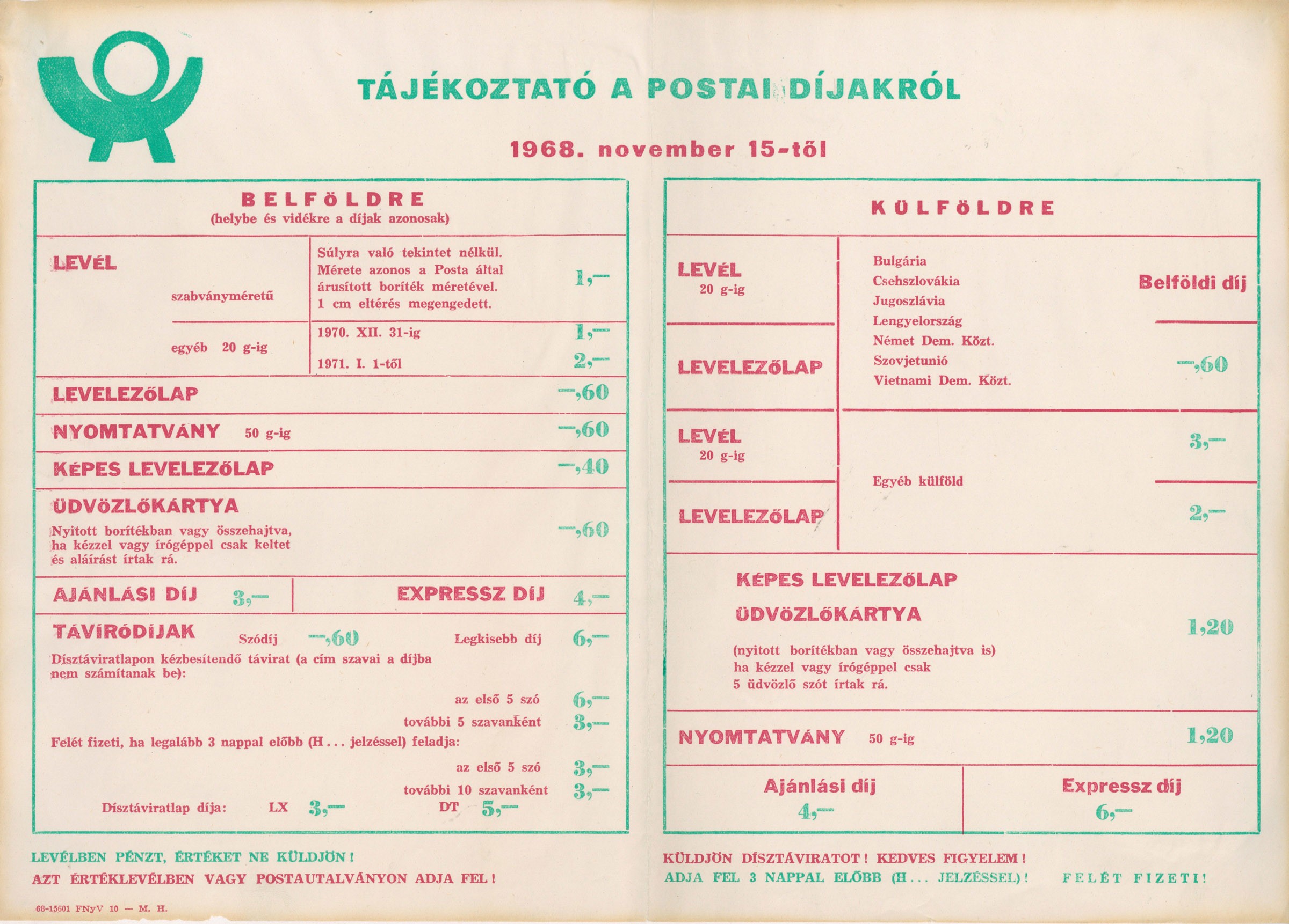 Szöveges plakát - Tájékoztató a postai díjakról, 1968 (Postamúzeum CC BY-NC-SA)