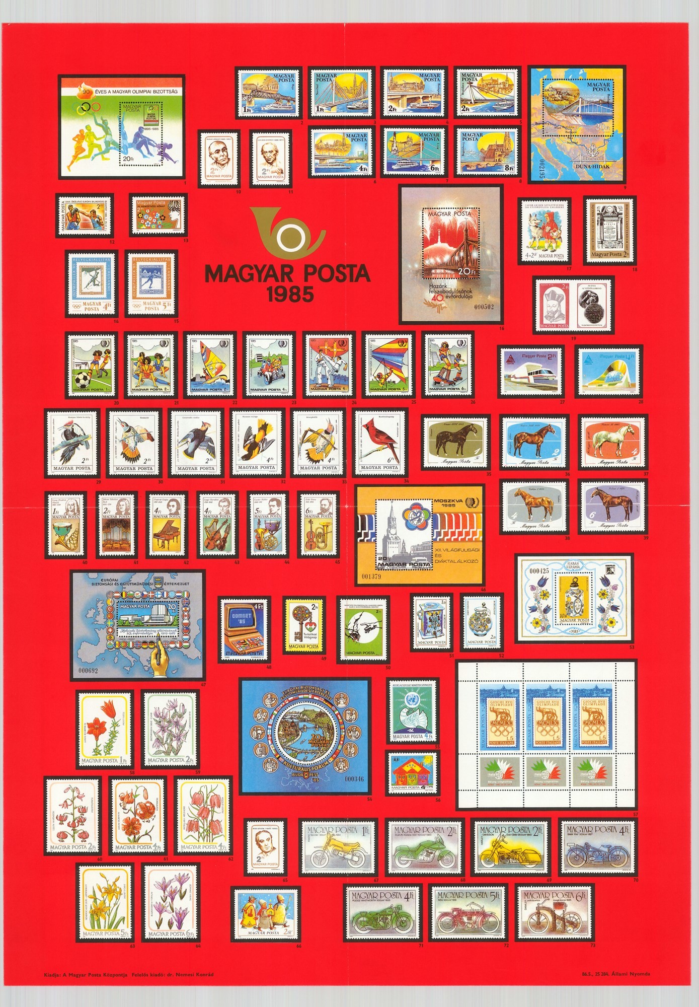 Plakát - Magyar posta kibocsátott bélyegei, 1985 (Postamúzeum CC BY-NC-SA)