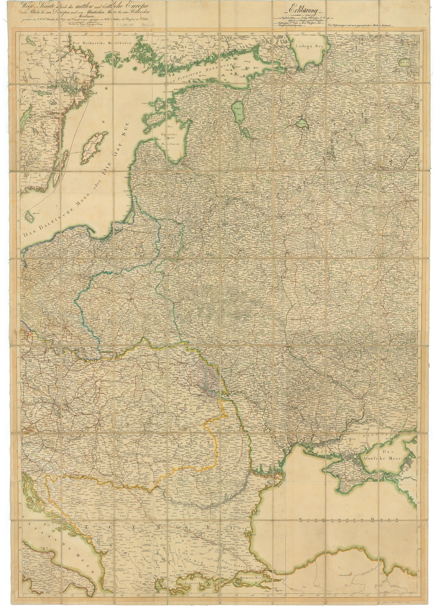 Közép- és Kelet-Európán át vezető utak térképe  a Rajnától a Dnyeperig és az Adriai-tengertől a Botteni-öbölig – Wege-Karte durch das mittlere und östliche Euro (Postamúzeum CC BY-NC-SA)