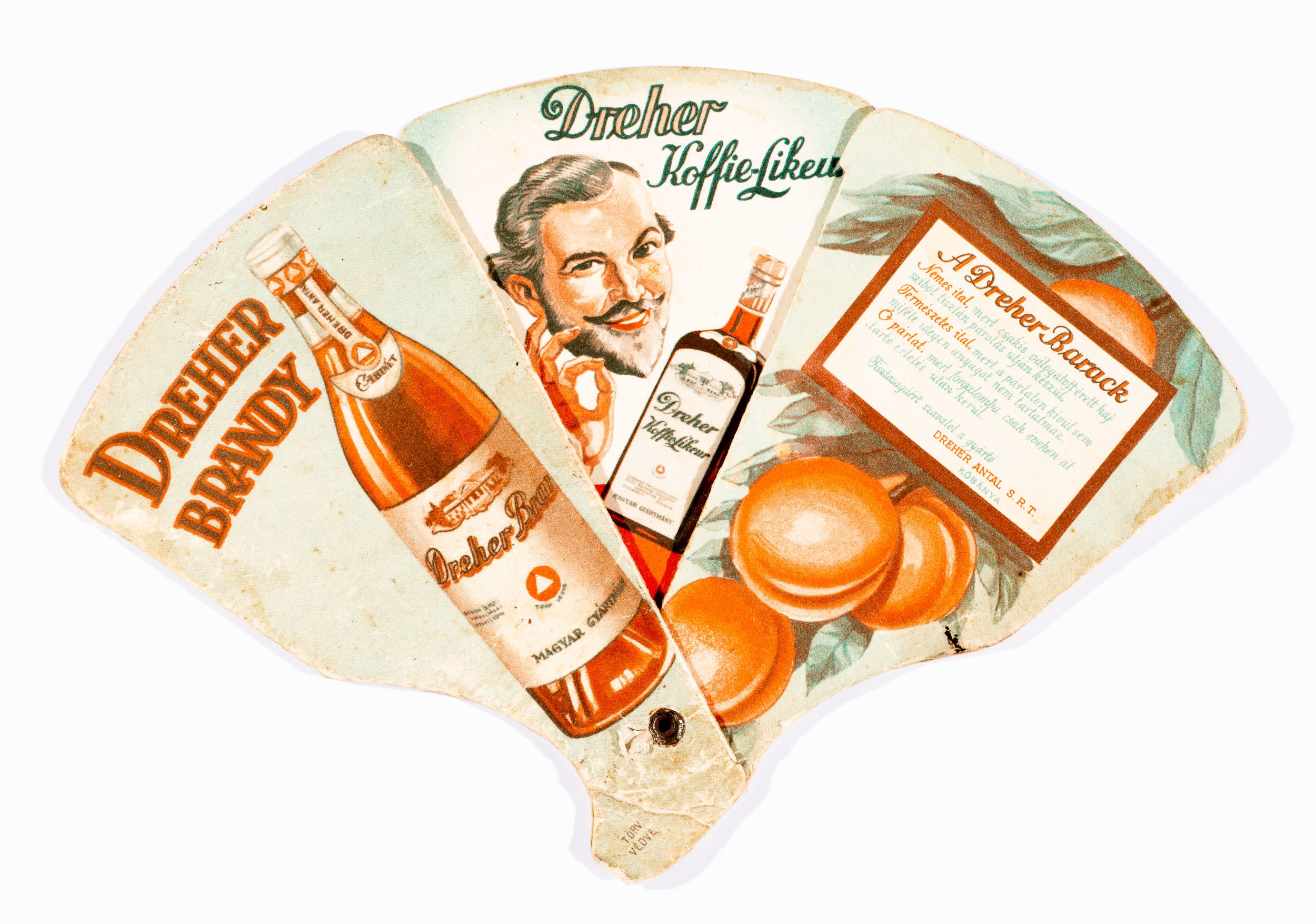 Reklámajándék Dreher Brandy, likőr legyező (Söripari Emléktár - Dreher Sörmúzeum CC BY-NC-SA)