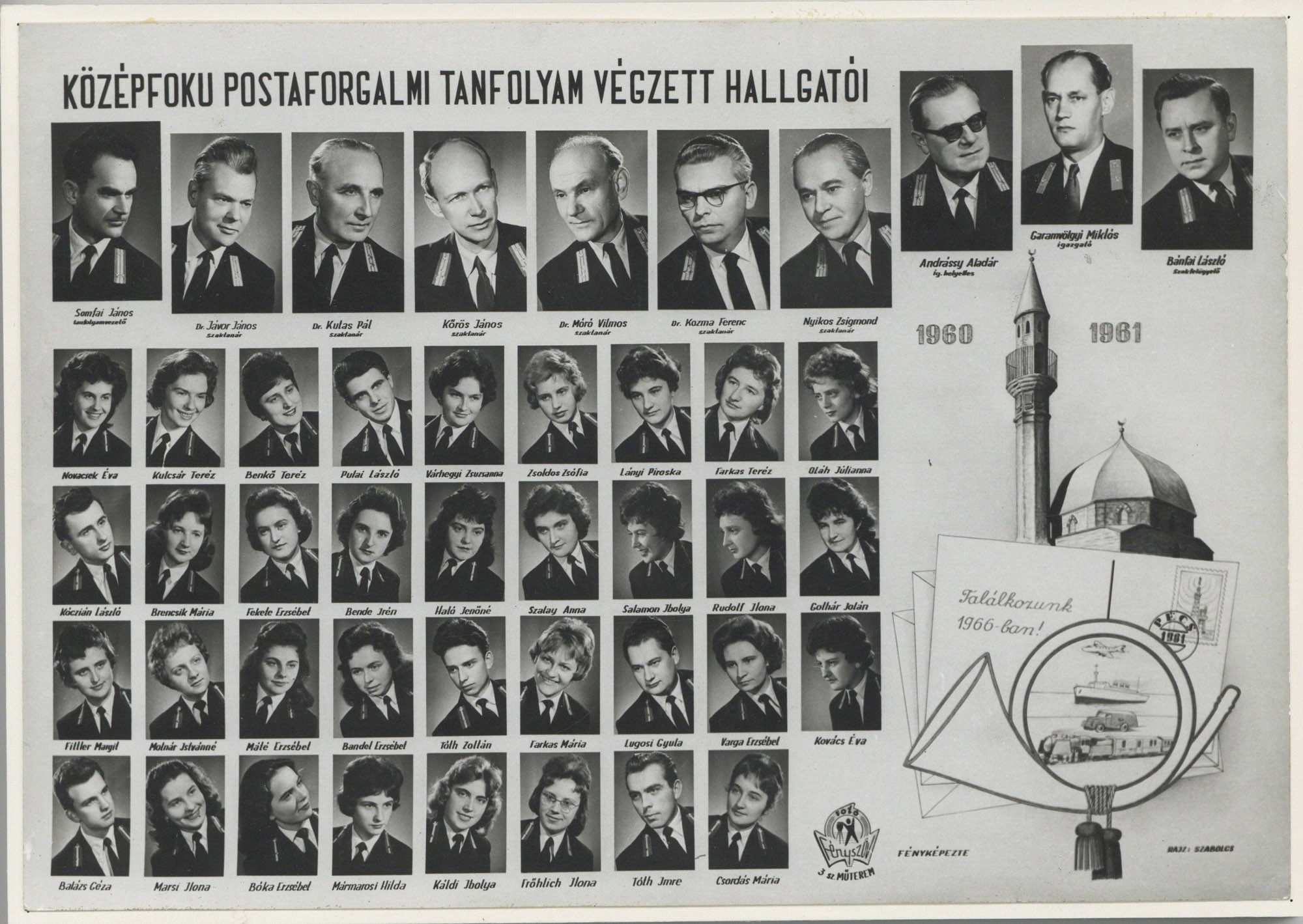 Középfokú postaforgalmi tanfolyam tablóképe Pécsről, 1961 (Postamúzeum CC BY-NC-SA)