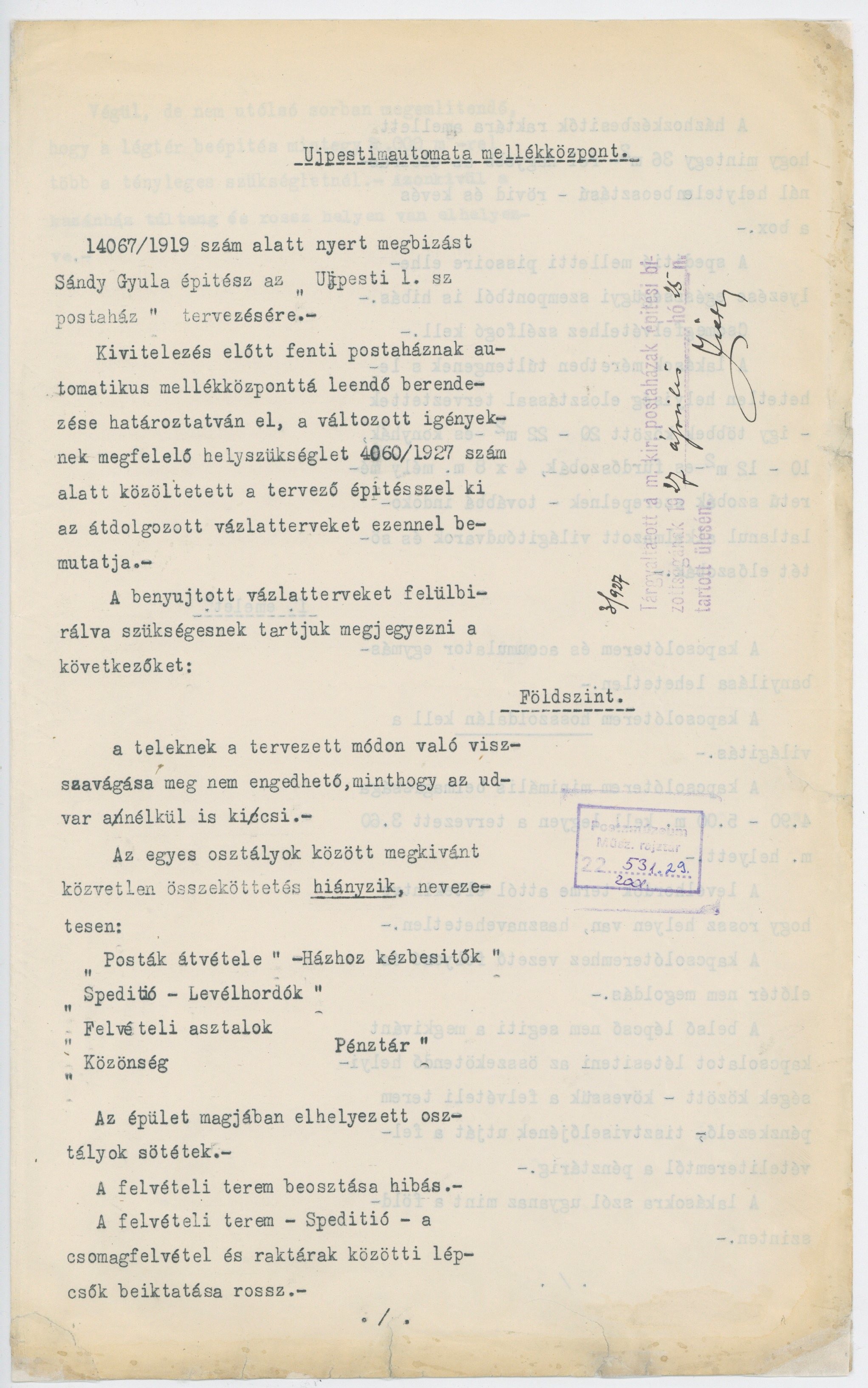 Műszaki dokumentáció - Megjegyzések a Sándy Gyula építész által készített Újpest 1. postaház terveihez (Postamúzeum CC BY-NC-SA)