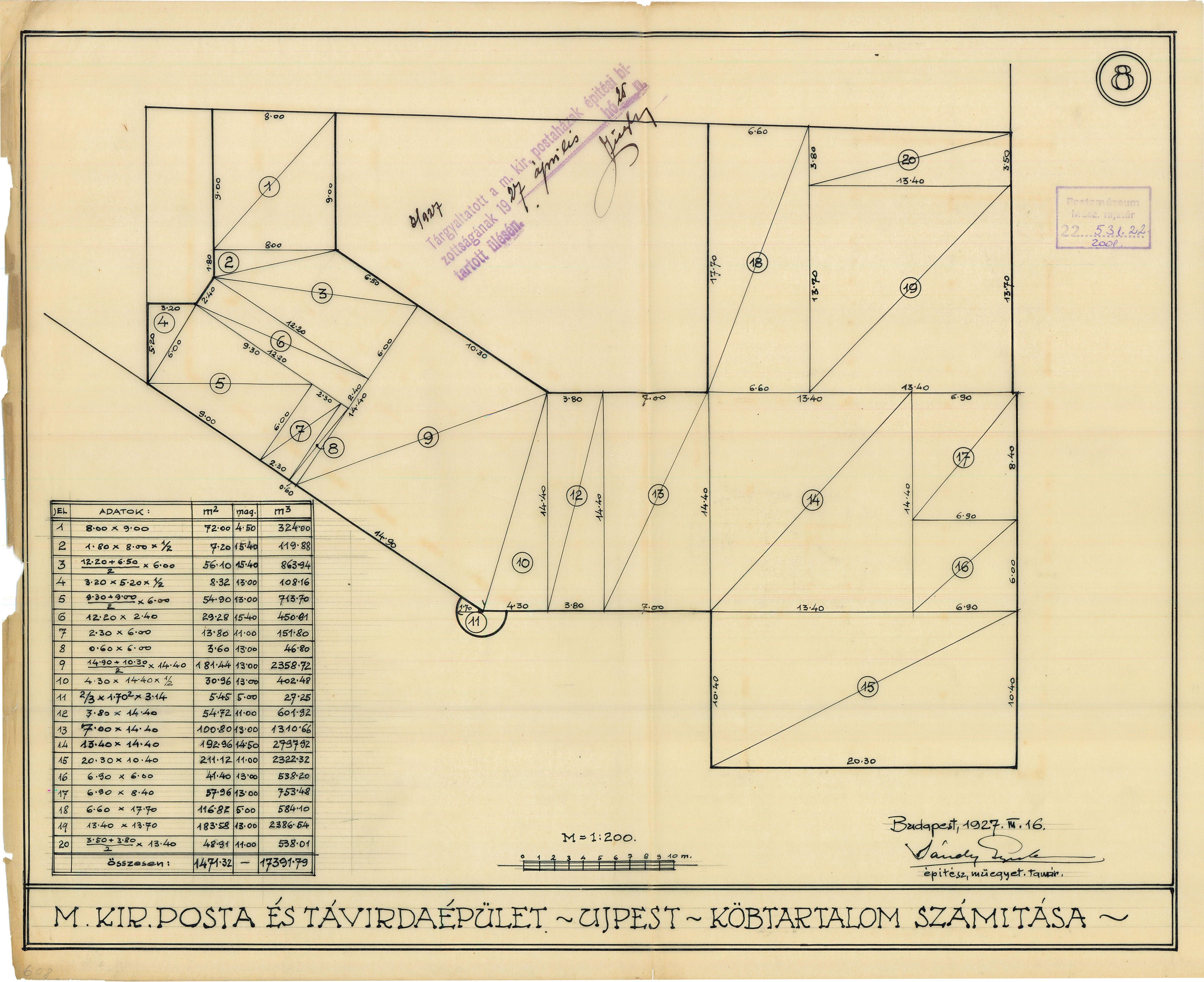 Műszaki rajz - M. Kir. Posta és Távírdaépület Újpest. Köbtartalom számítása (V.) (Postamúzeum CC BY-NC-SA)