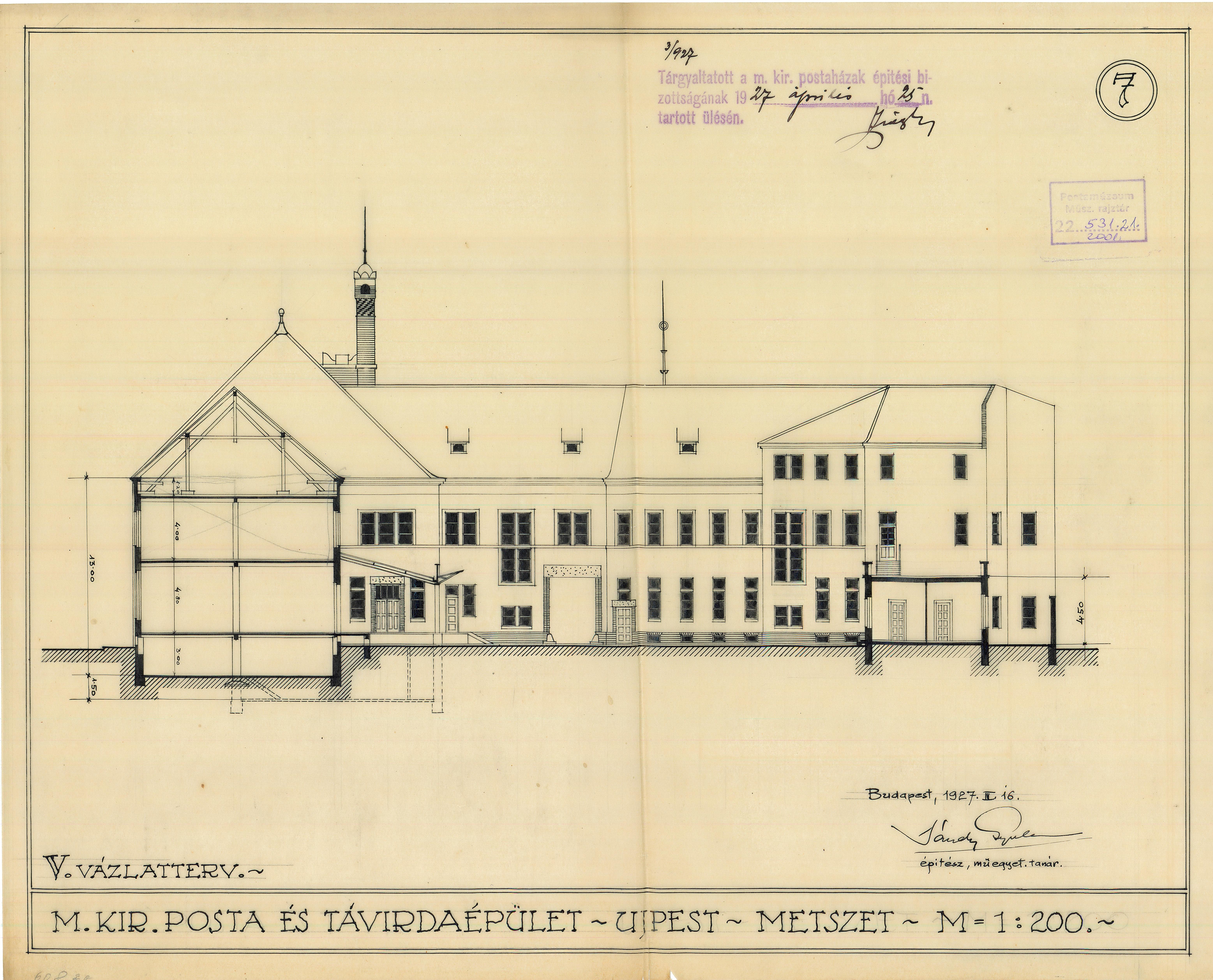 Műszaki rajz - M. Kir. Posta és Távírdaépület Újpest. Metszet (V.) (Postamúzeum CC BY-NC-SA)