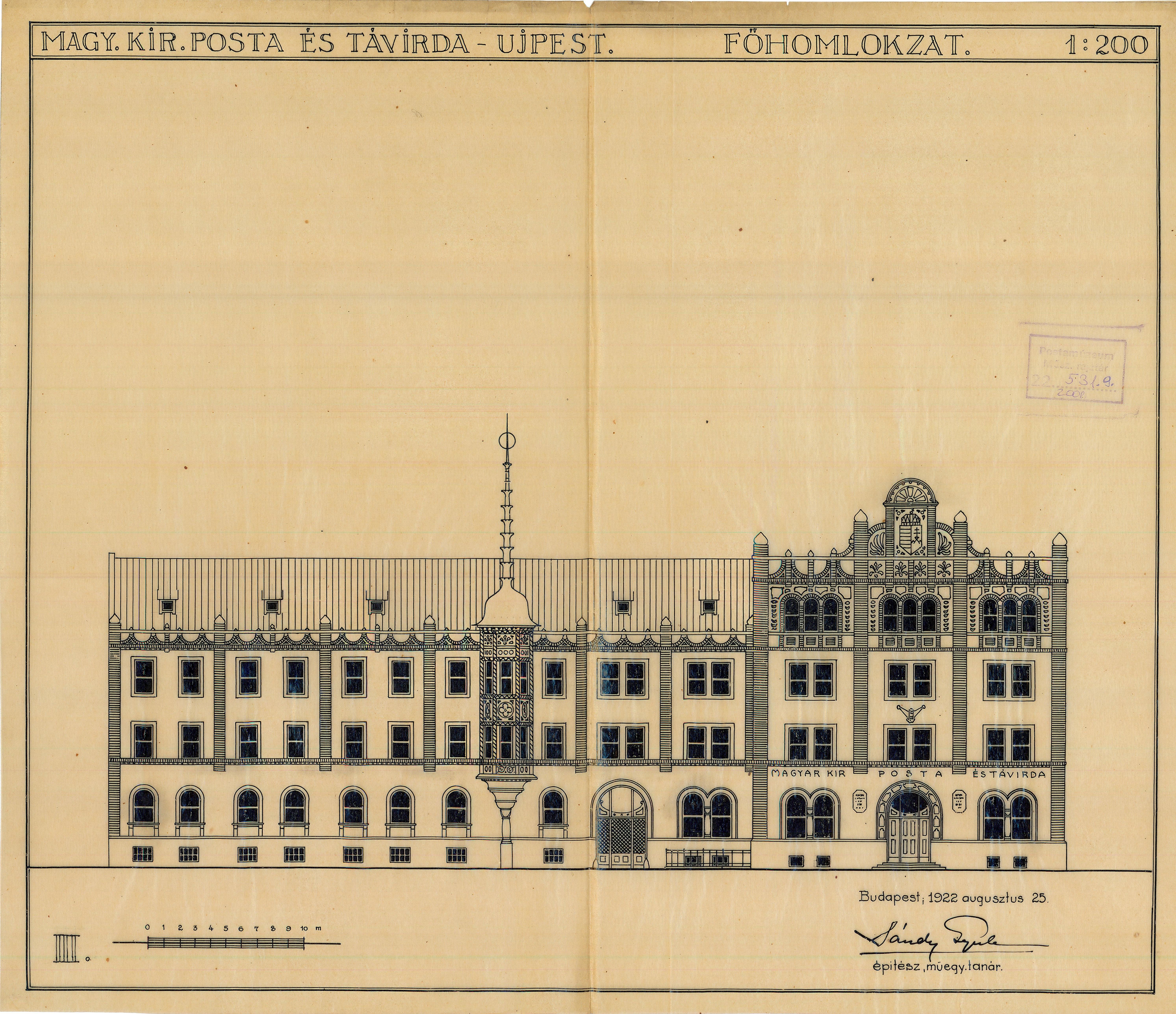 Műszaki rajz - Magy. Kir. Posta és Távírda Újpest. Főhomlokzat (III.) (Postamúzeum CC BY-NC-SA)