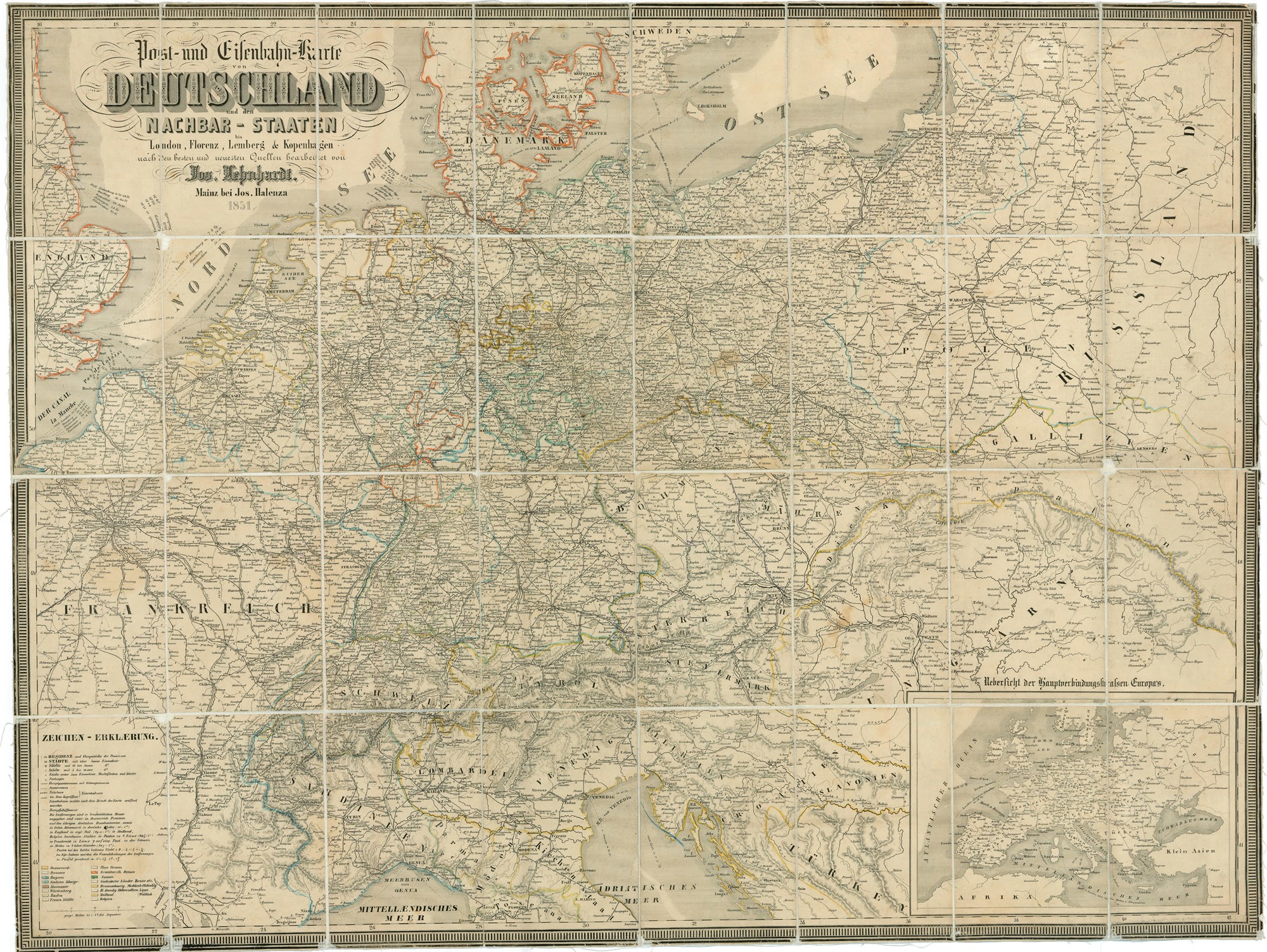 Post- und Eisenbahn-Karte von Deutschland und den nachbar-staaten bis London, Florenz, Lemberg & Kopenhagen (Postamúzeum CC BY-NC-SA)