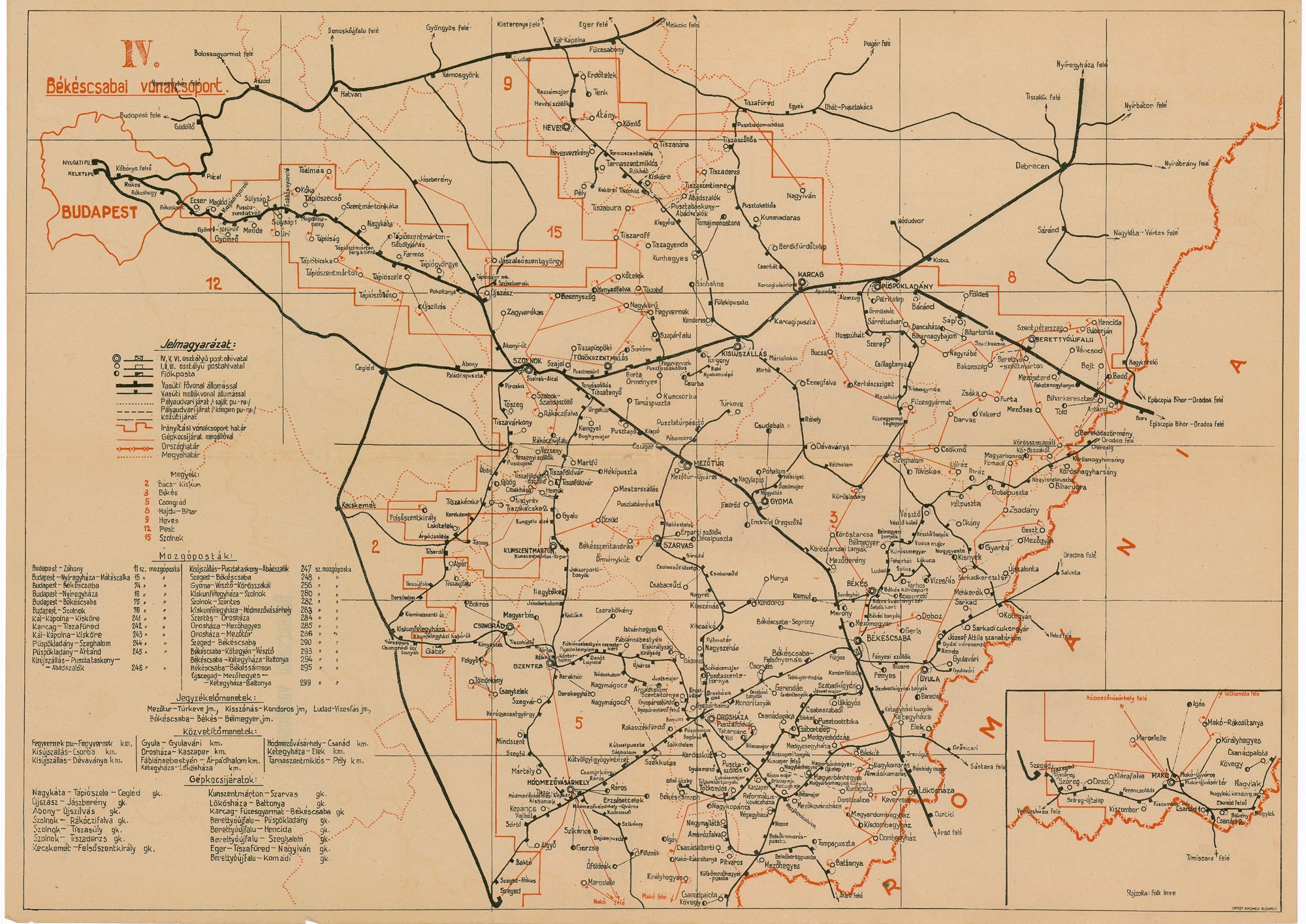 Békéscsabai vonalcsoport postajárati térképe (Postamúzeum CC BY-NC-SA)
