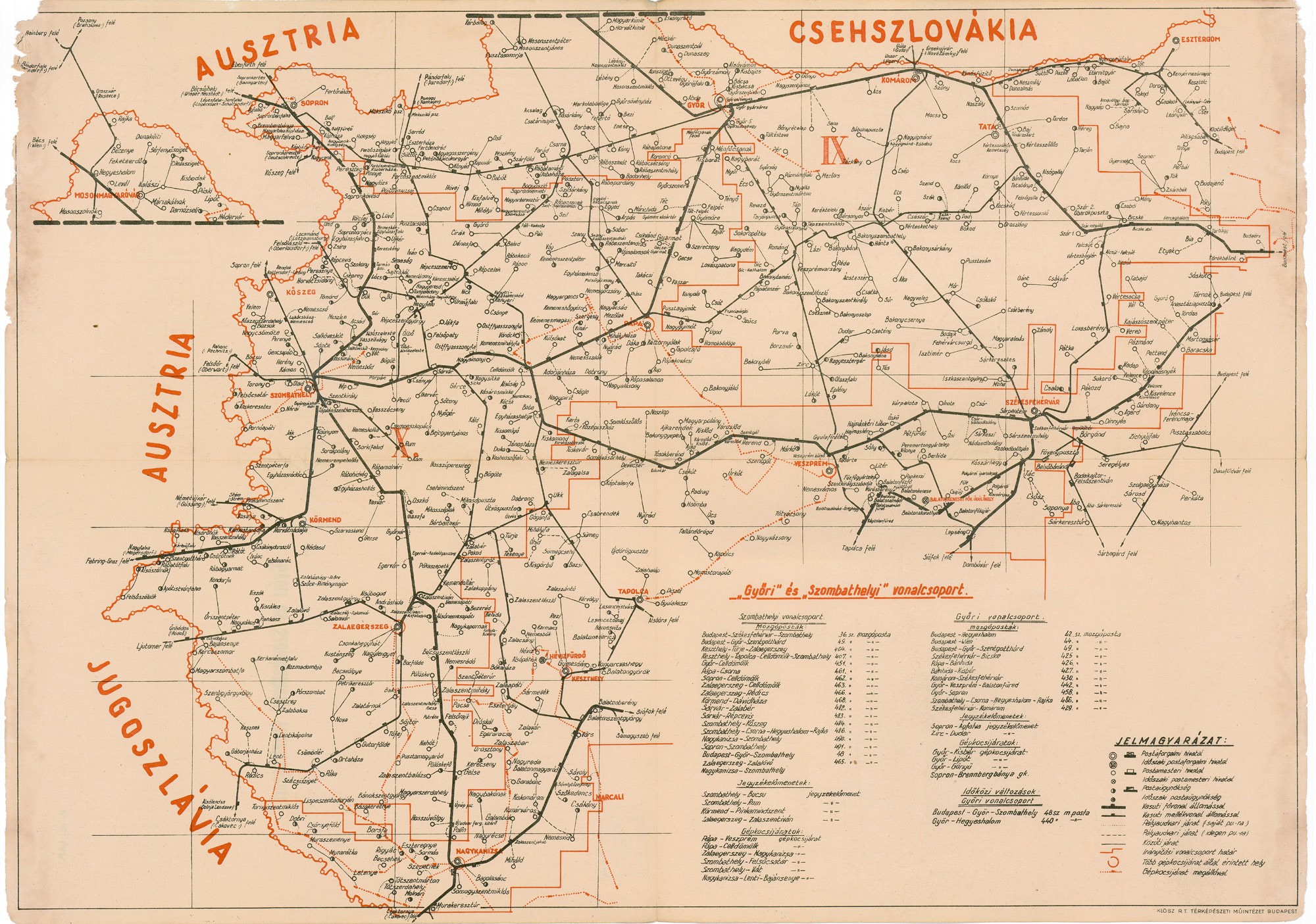Győri és Szombathelyi vonalcsoport postajárati térképe (Postamúzeum CC BY-NC-SA)