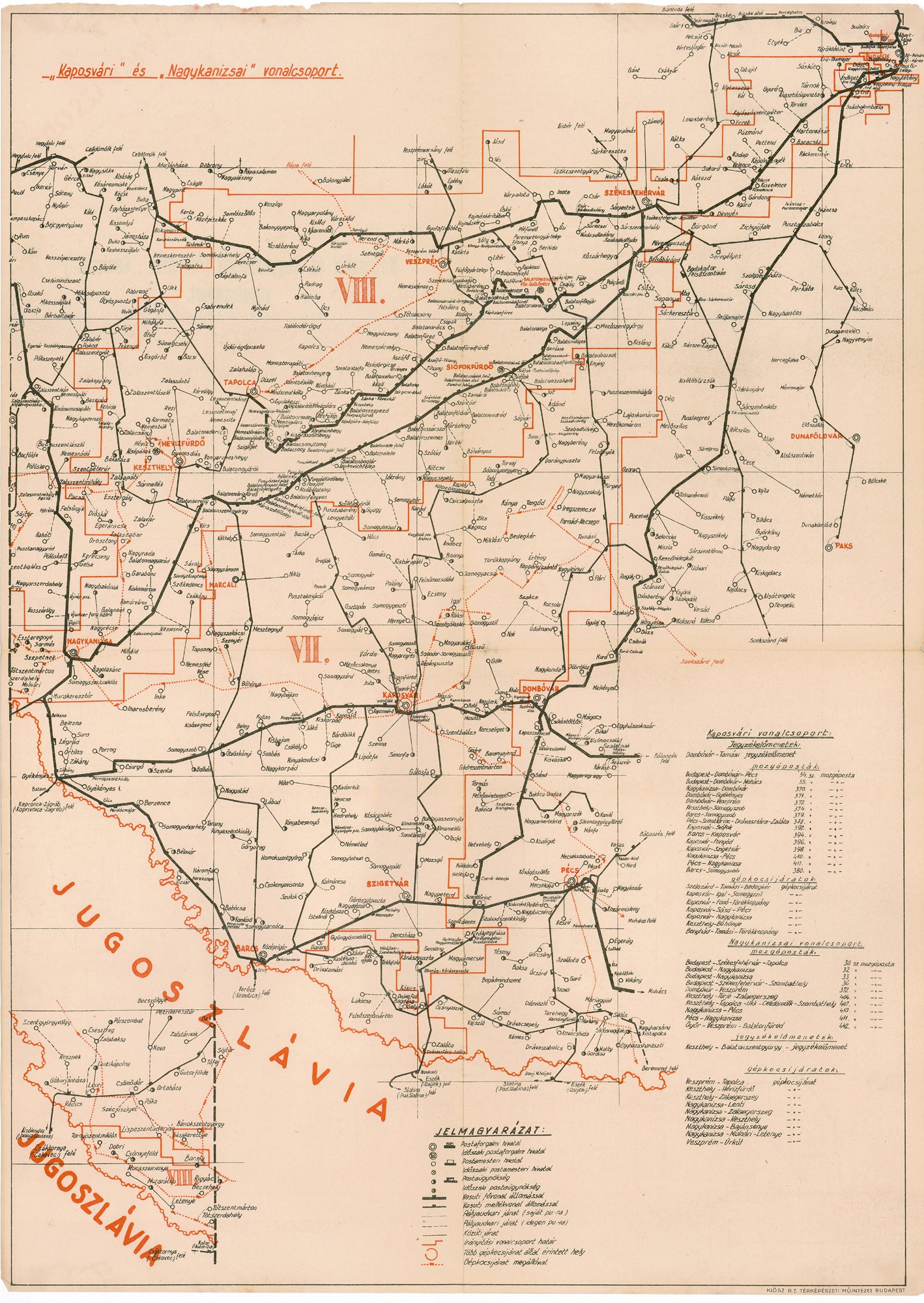 Kaposvári és Nagykanizsai (rövidítve "Kanizsai") vonalcsoport postajárati térképe (Postamúzeum CC BY-NC-SA)