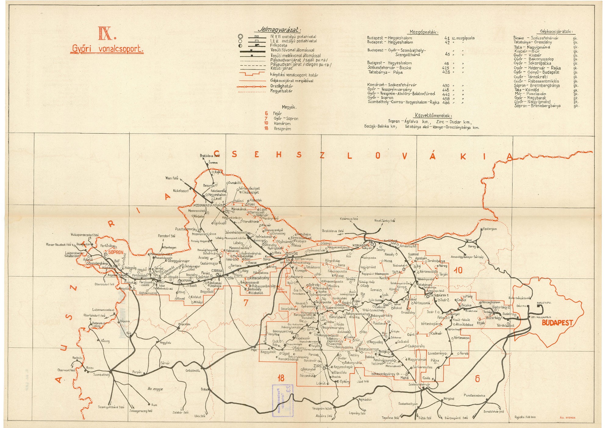 Magyarország postajárati térképe vonalcsoportok szerint, 12 részben – Győri vonalcsoport (Postamúzeum CC BY-NC-SA)