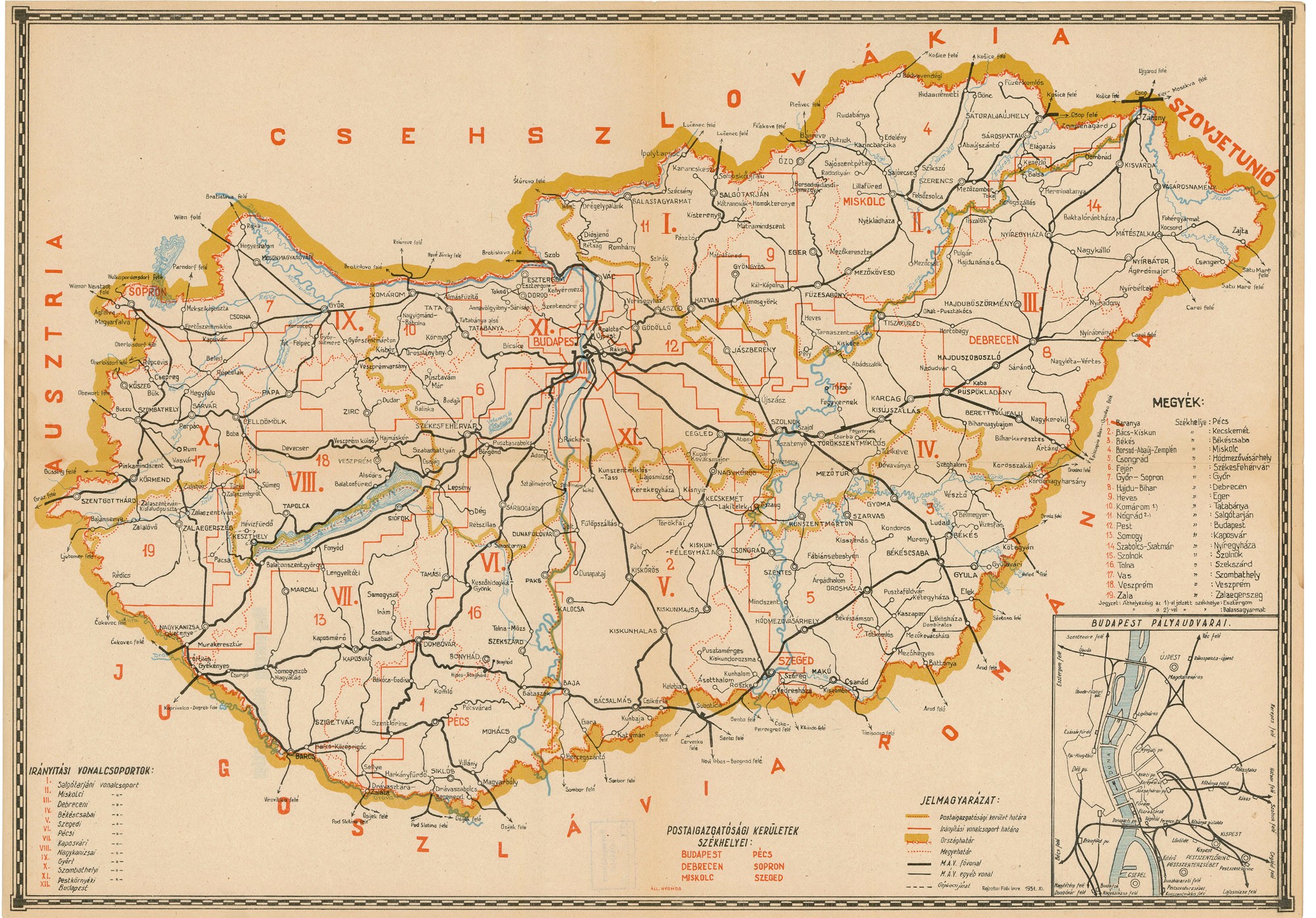 Magyarország postajárati térképe vonalcsoportok szerint, 12 részben – Magyarország áttekintő térképe (Postamúzeum CC BY-NC-SA)