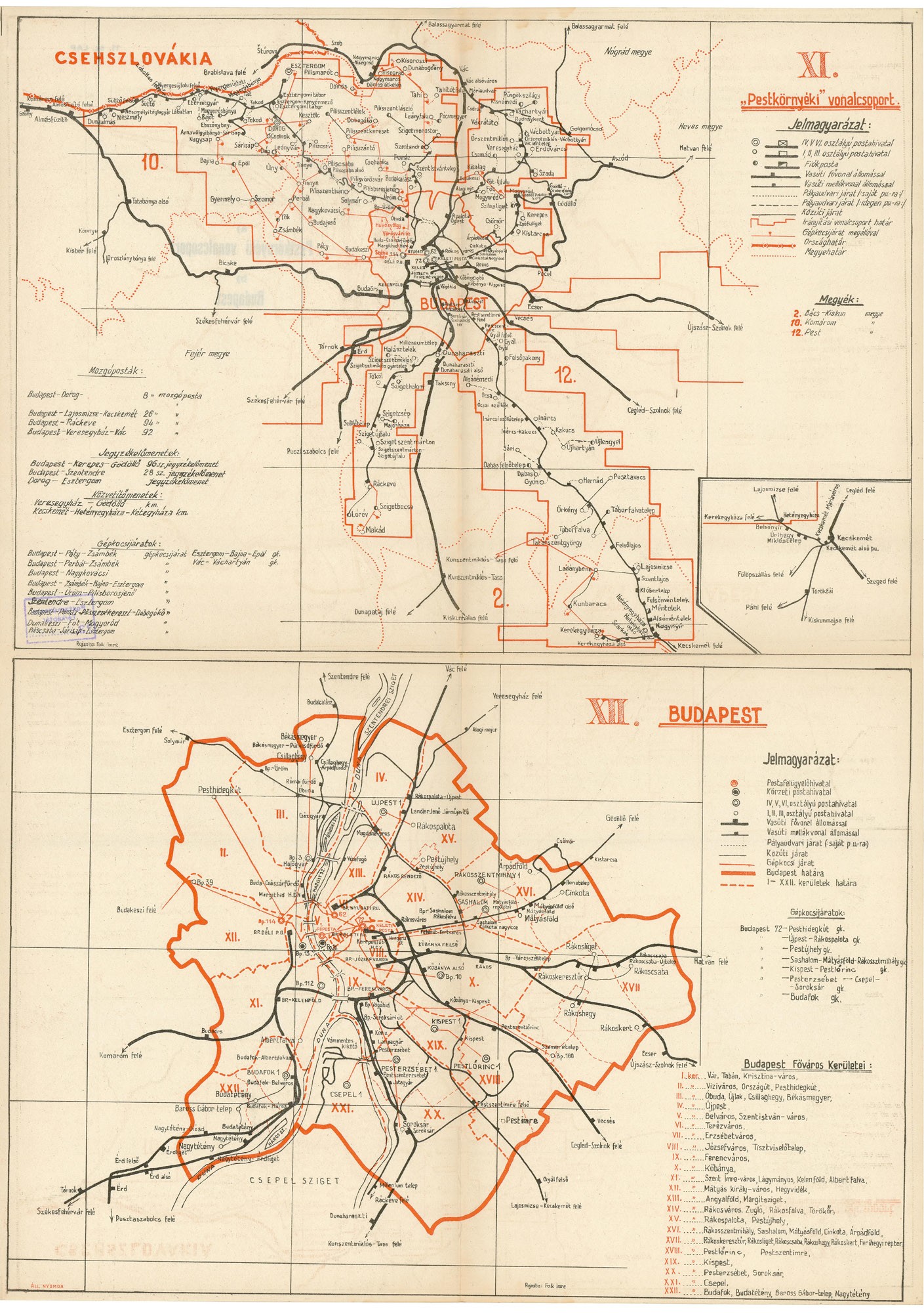 Magyarország postajárati térképe vonalcsoportok szerint, 12 részben – Pest környéki és Budapesti vonalcsoport (Postamúzeum CC BY-NC-SA)
