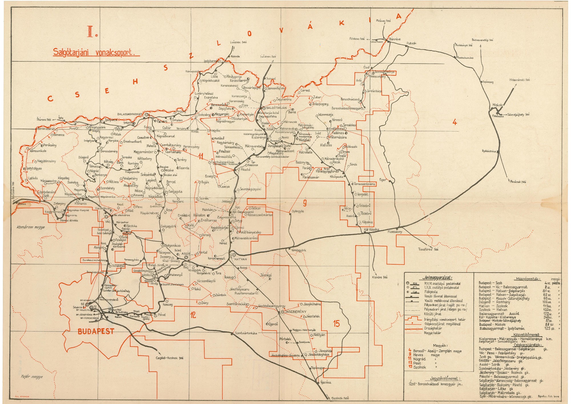 Magyarország postajárati térképe vonalcsoportok szerint, 12 részben – Salgótarjáni vonalcsoport (Postamúzeum CC BY-NC-SA)