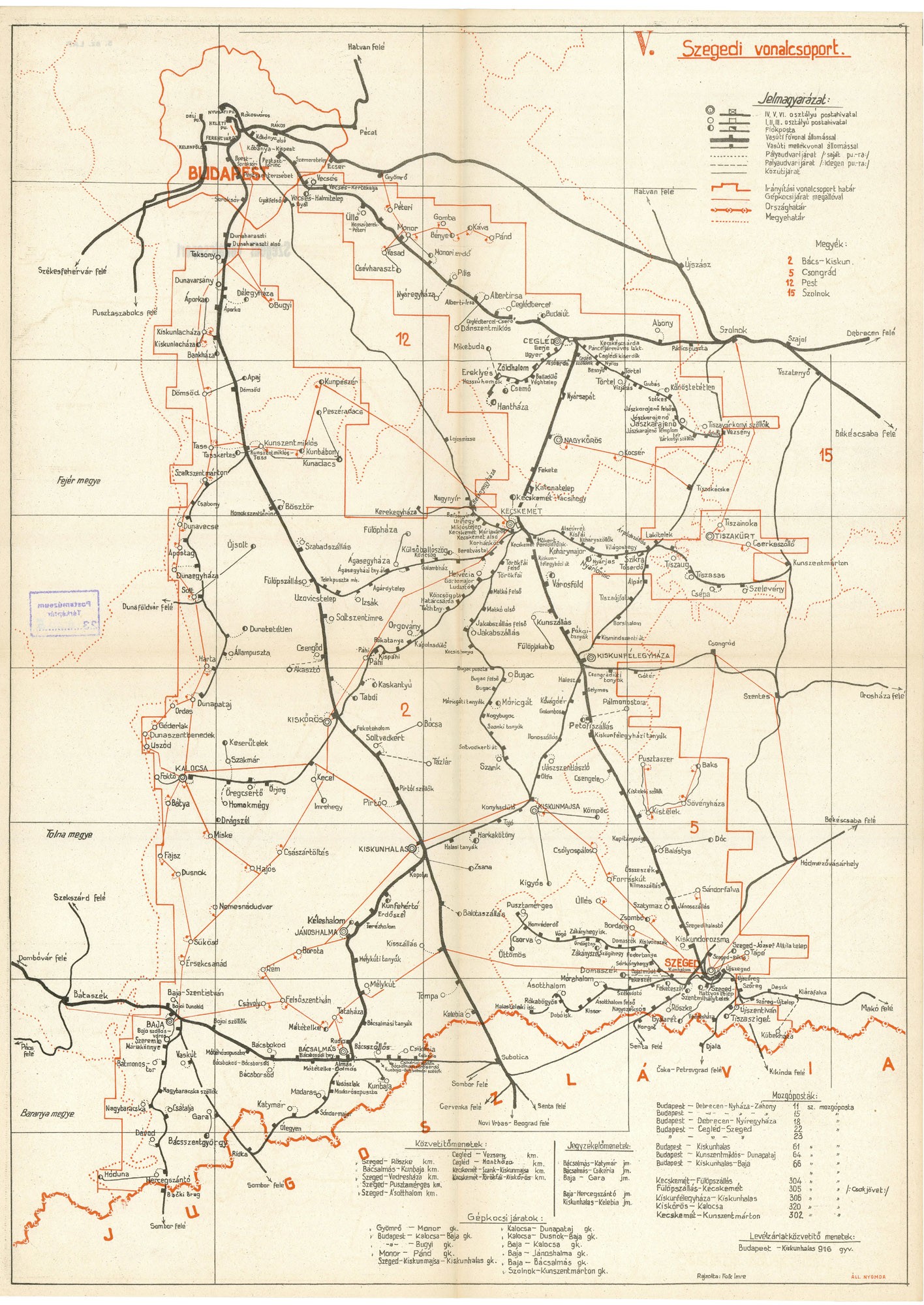 Magyarország postajárati térképe vonalcsoportok szerint, 12 részben – Szegedi vonalcsoport (Postamúzeum CC BY-NC-SA)
