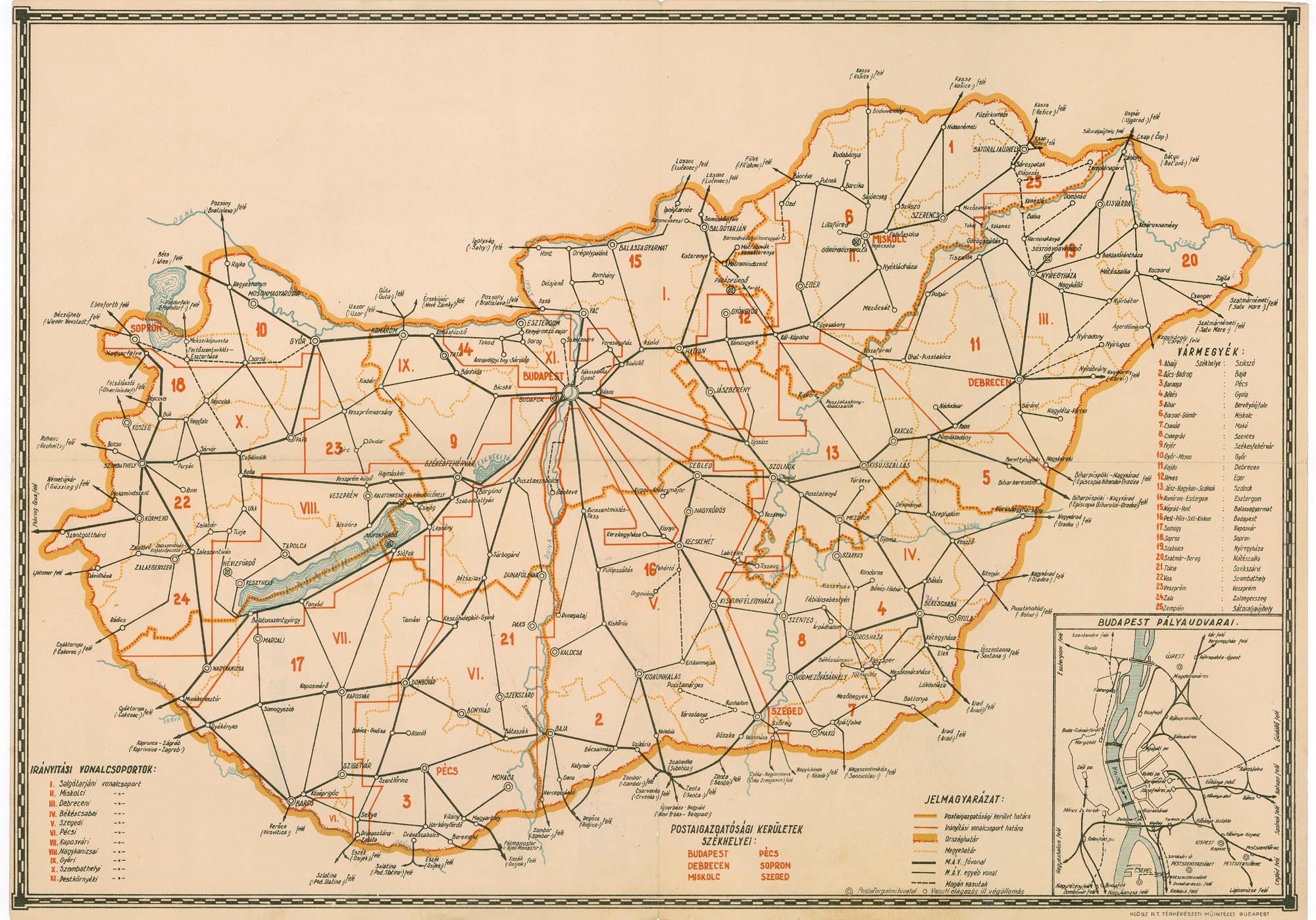Magyarország postajárati térképe vonalcsoportok szerint 8 részben – Magyarország áttekintő térképe, résztérképen: Budapest pályaudvarai (Postamúzeum CC BY-NC-SA)