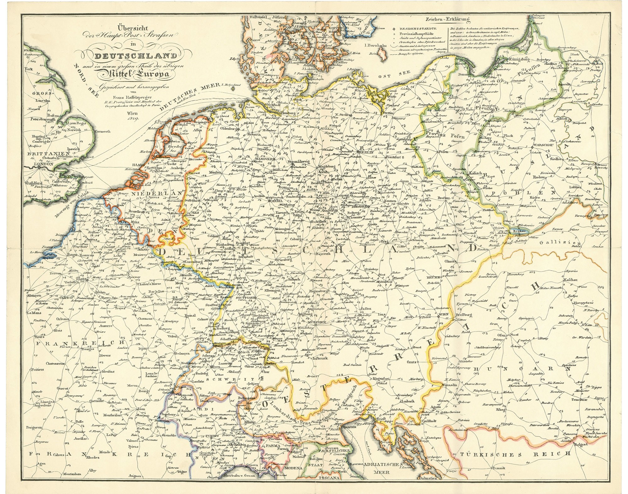 Németország és Közép-Európa fő postaútvonalainak áttekintő térképe (Postamúzeum CC BY-NC-SA)