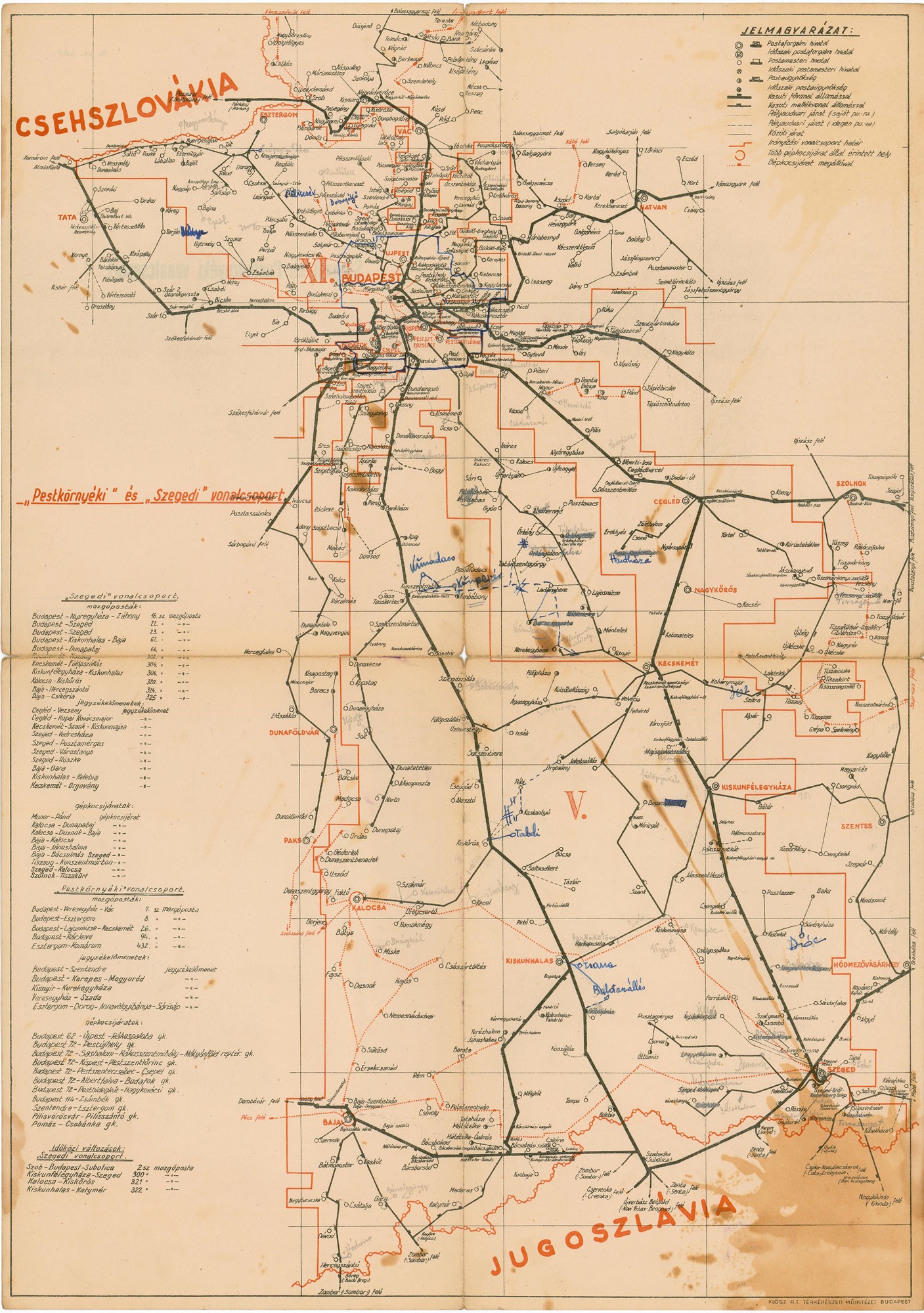 Pest környéki és Szegedi vonalcsoport postajárati térképe (Postamúzeum CC BY-NC-SA)